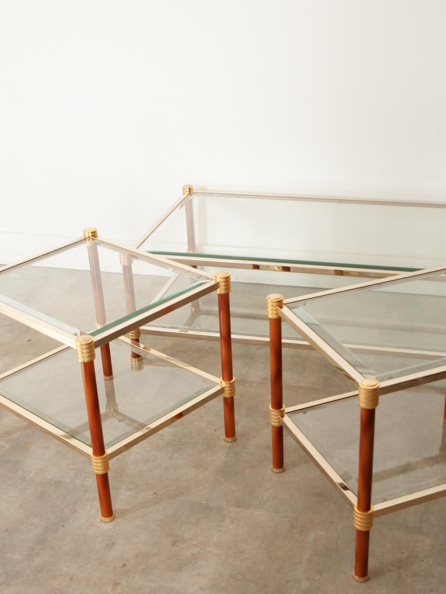French Vintage Set of Brass and Glass Tables In Good Condition For Sale In Baton Rouge, LA