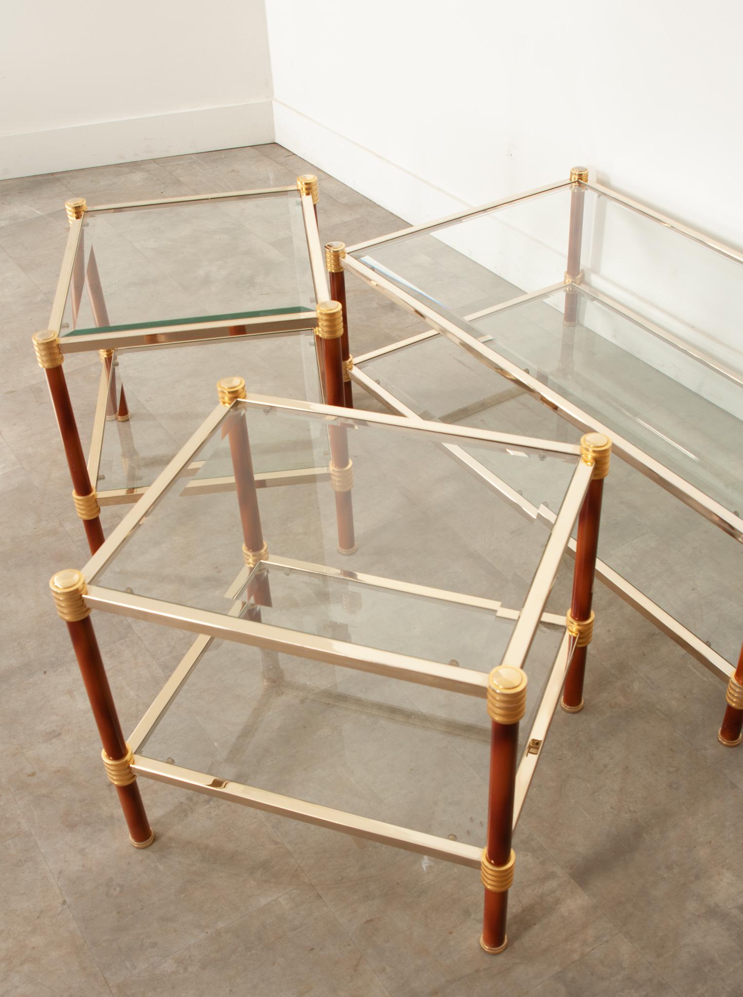 20th Century French Vintage Set of Brass and Glass Tables For Sale