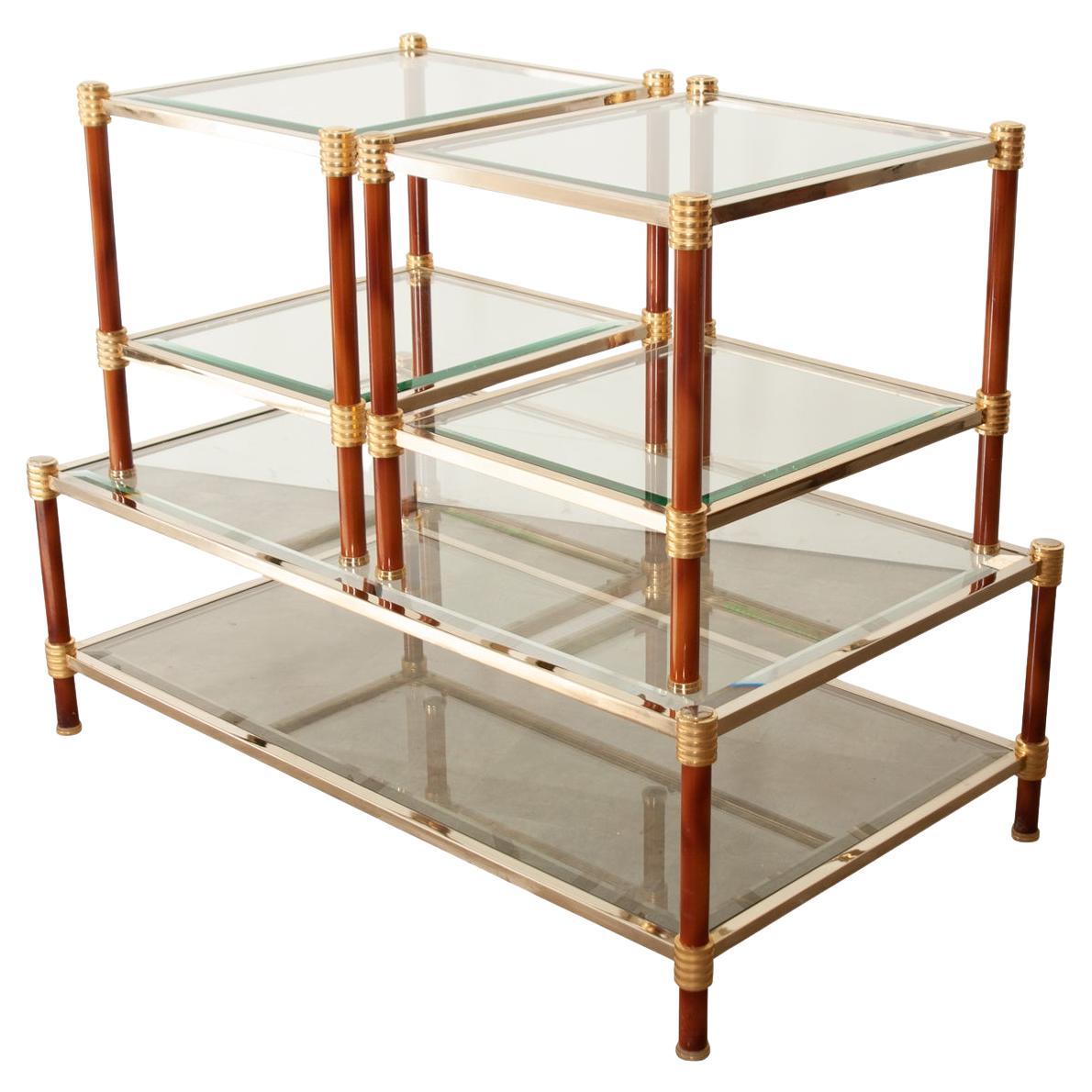 French Vintage Set of Brass and Glass Tables For Sale