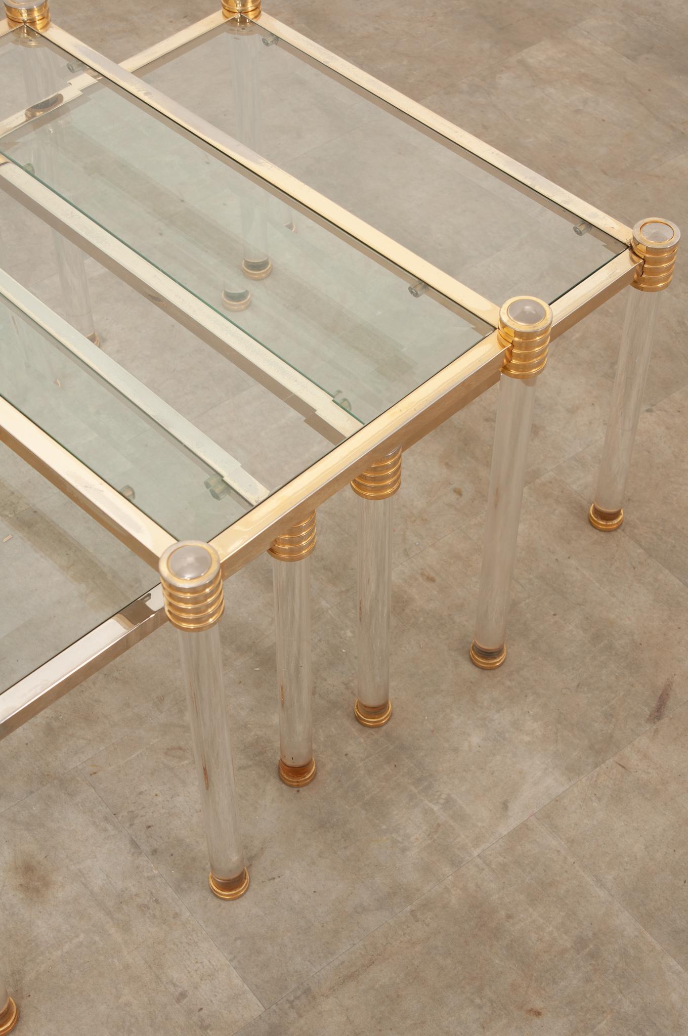 French Vintage Set of Brass & Glass Side Tables For Sale 4