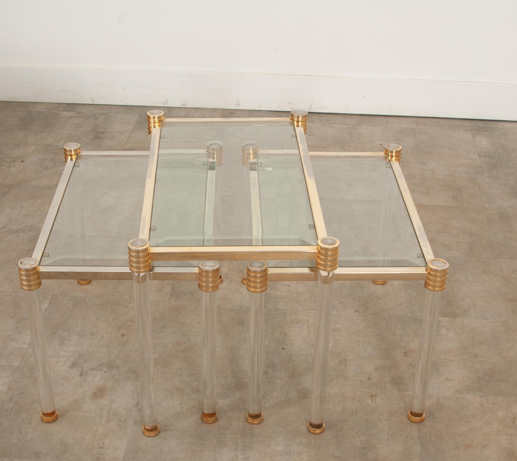 French Vintage Set of Brass & Glass Side Tables For Sale 5