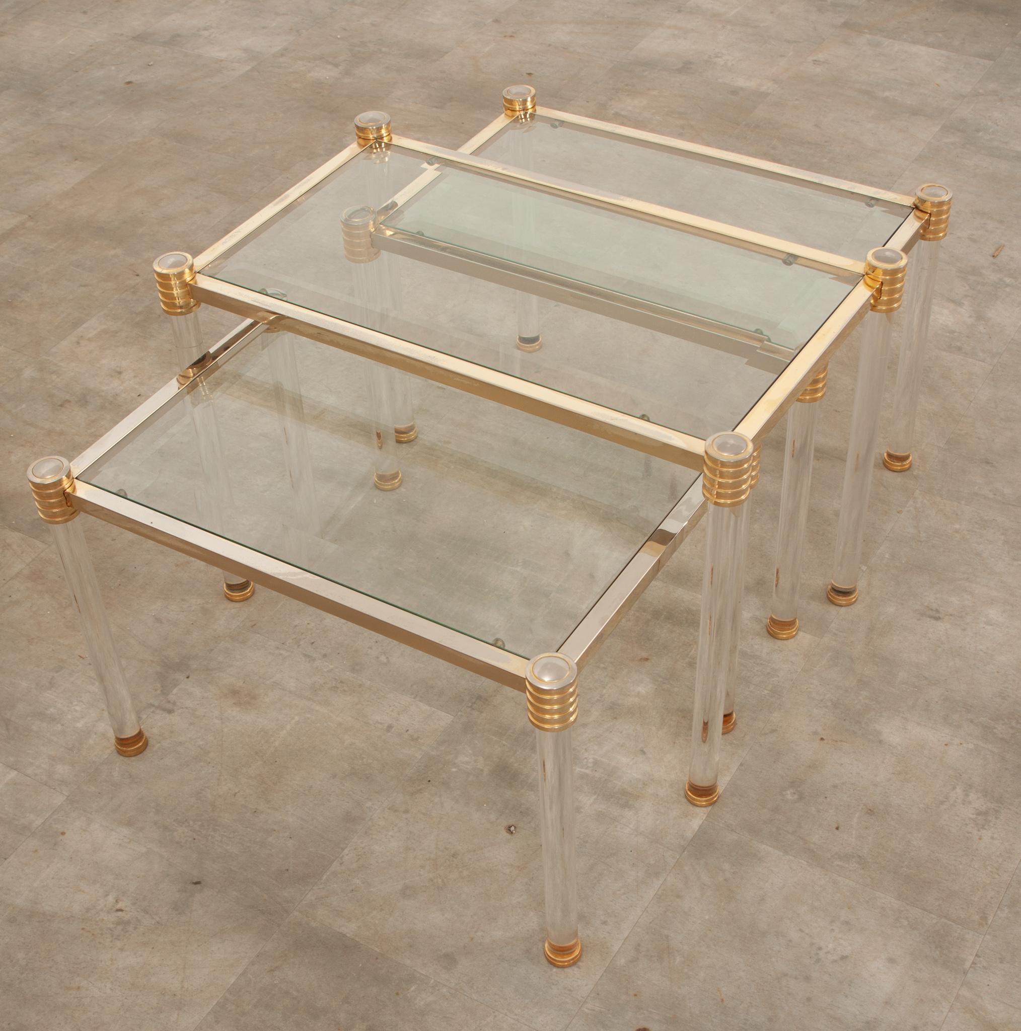 French Vintage Set of Brass & Glass Side Tables For Sale 6