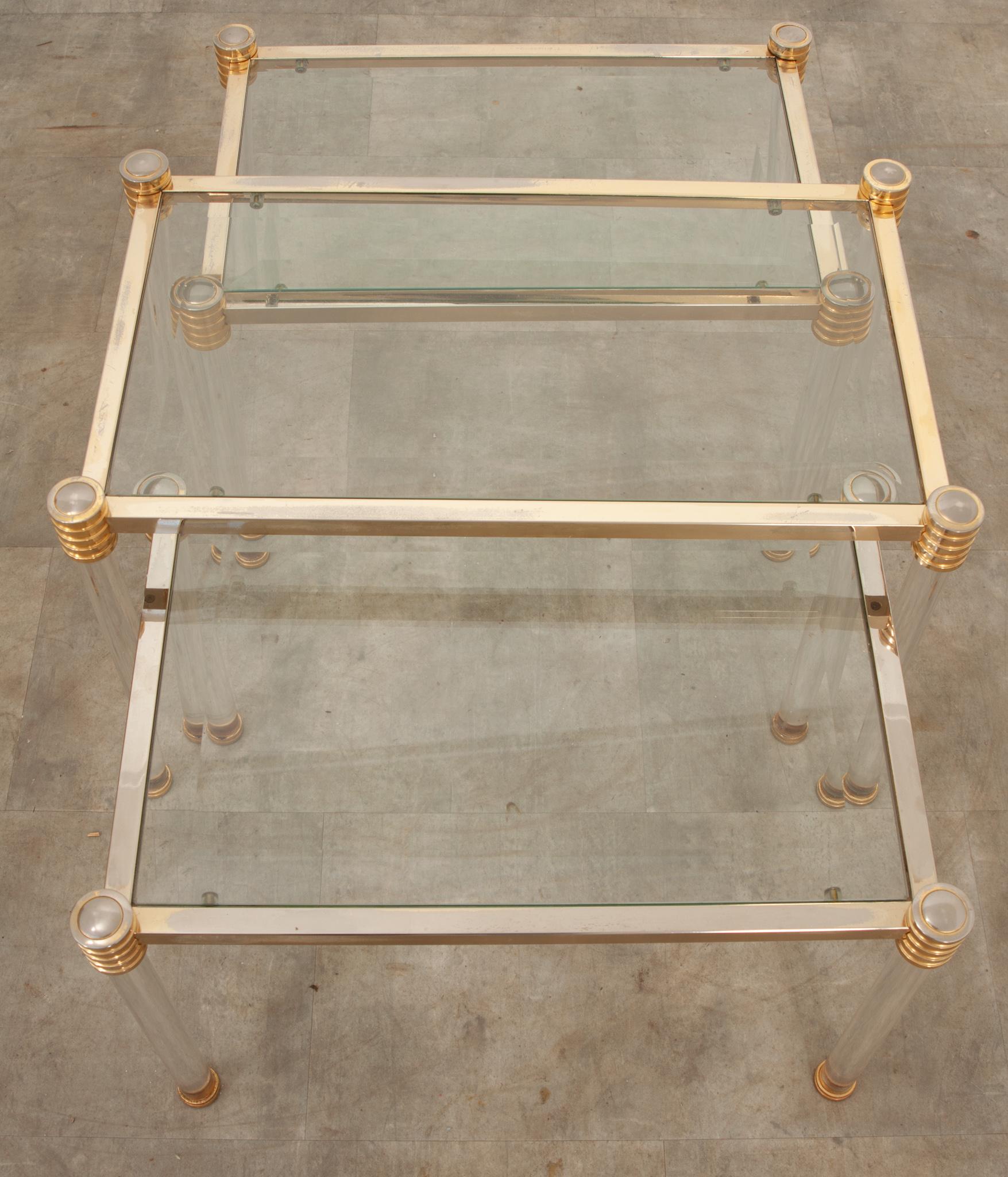 Other French Vintage Set of Brass & Glass Side Tables For Sale