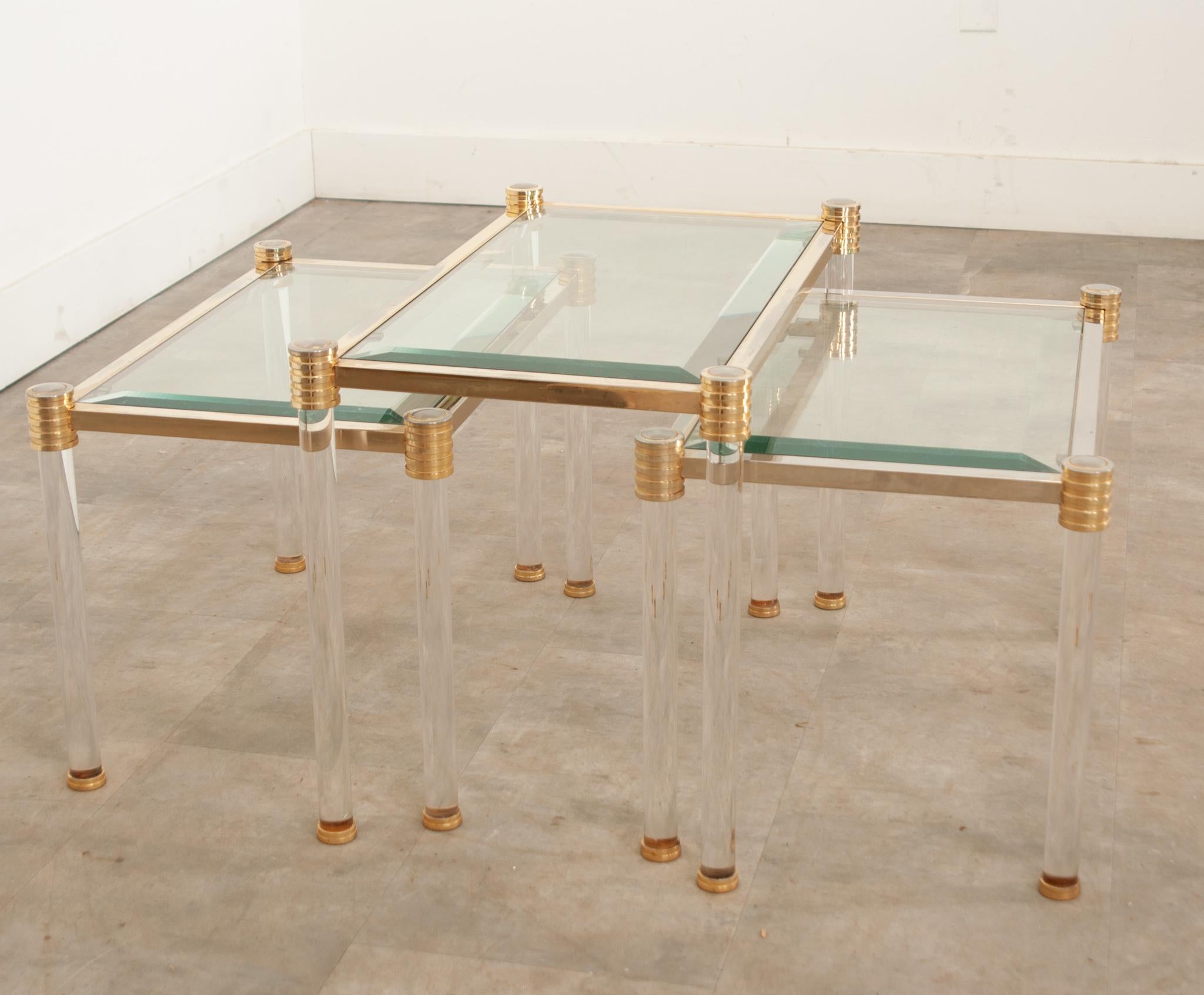 Cast French Vintage Set of Brass & Glass Side Tables For Sale
