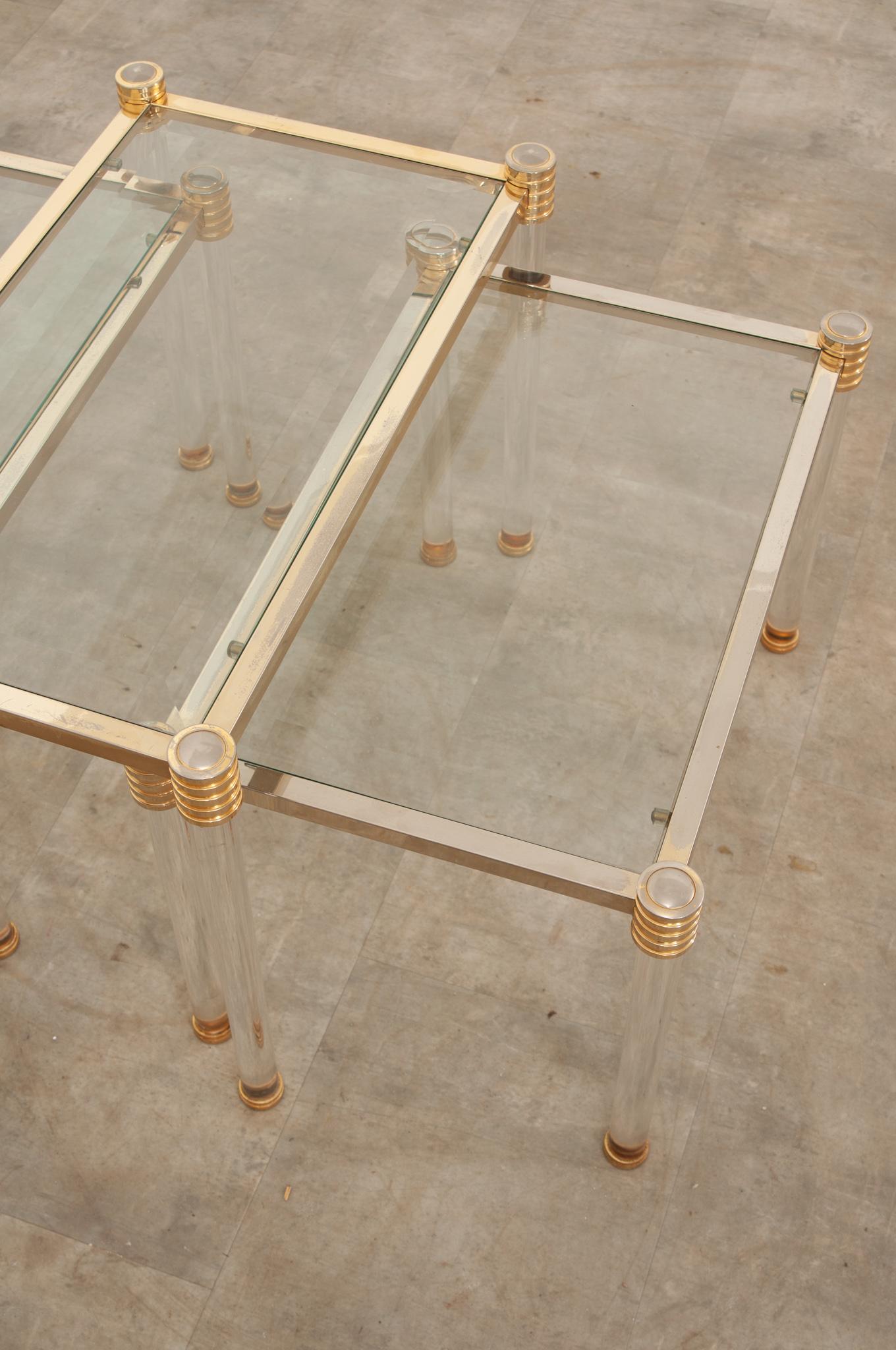 20th Century French Vintage Set of Brass & Glass Side Tables For Sale