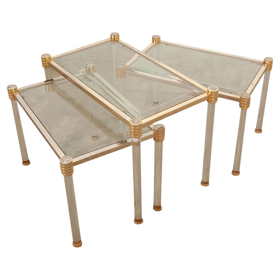 French Vintage Set of Brass & Glass Side Tables For Sale