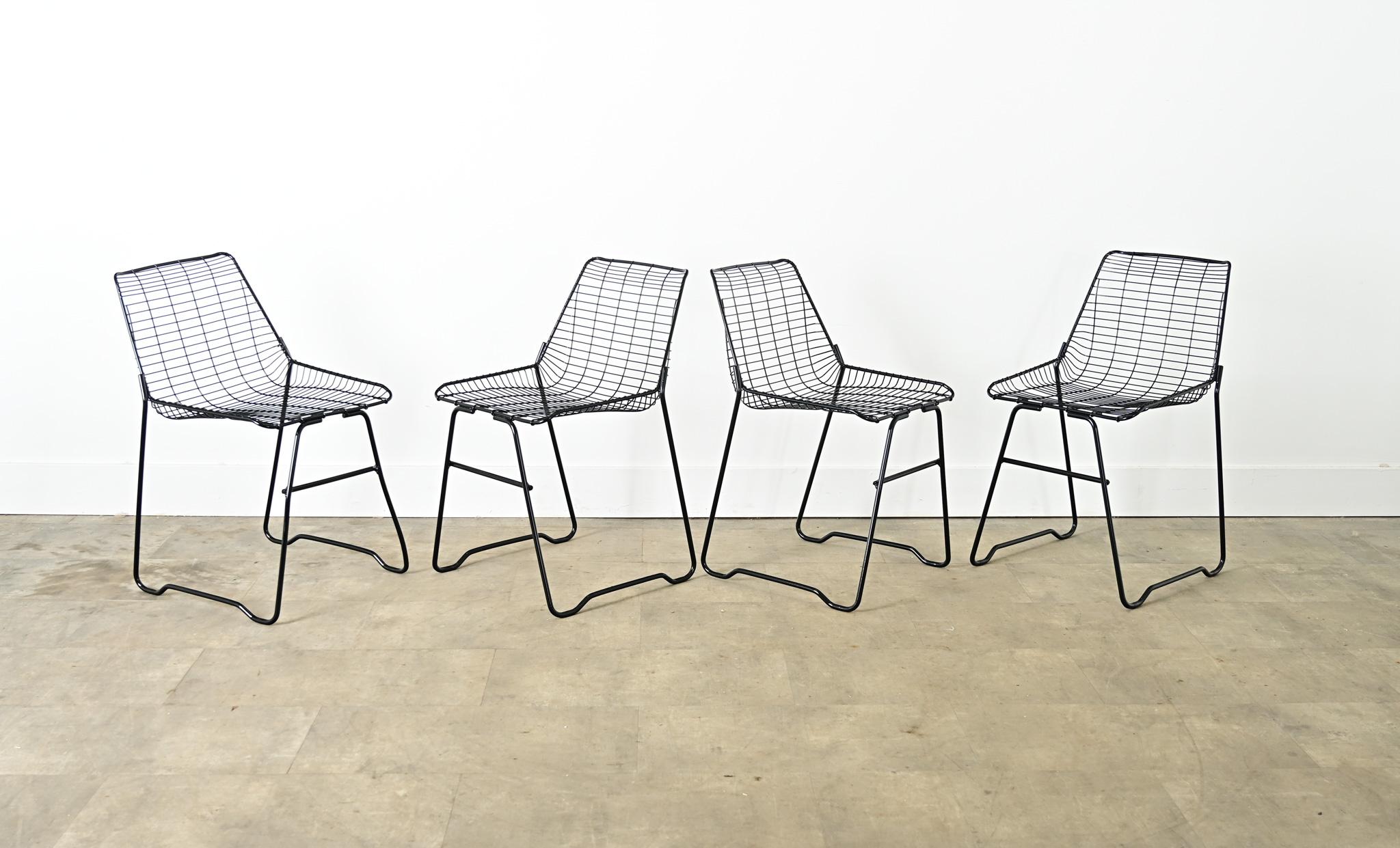 Delightfully minimal set of eight mid-20th century French dining or patio chairs in the manner of designer Cees Braakman for Dutch firm Pastoe, an aesthetic that still feels innovative for contemporary interiors & outdoor spaces of today. The design
