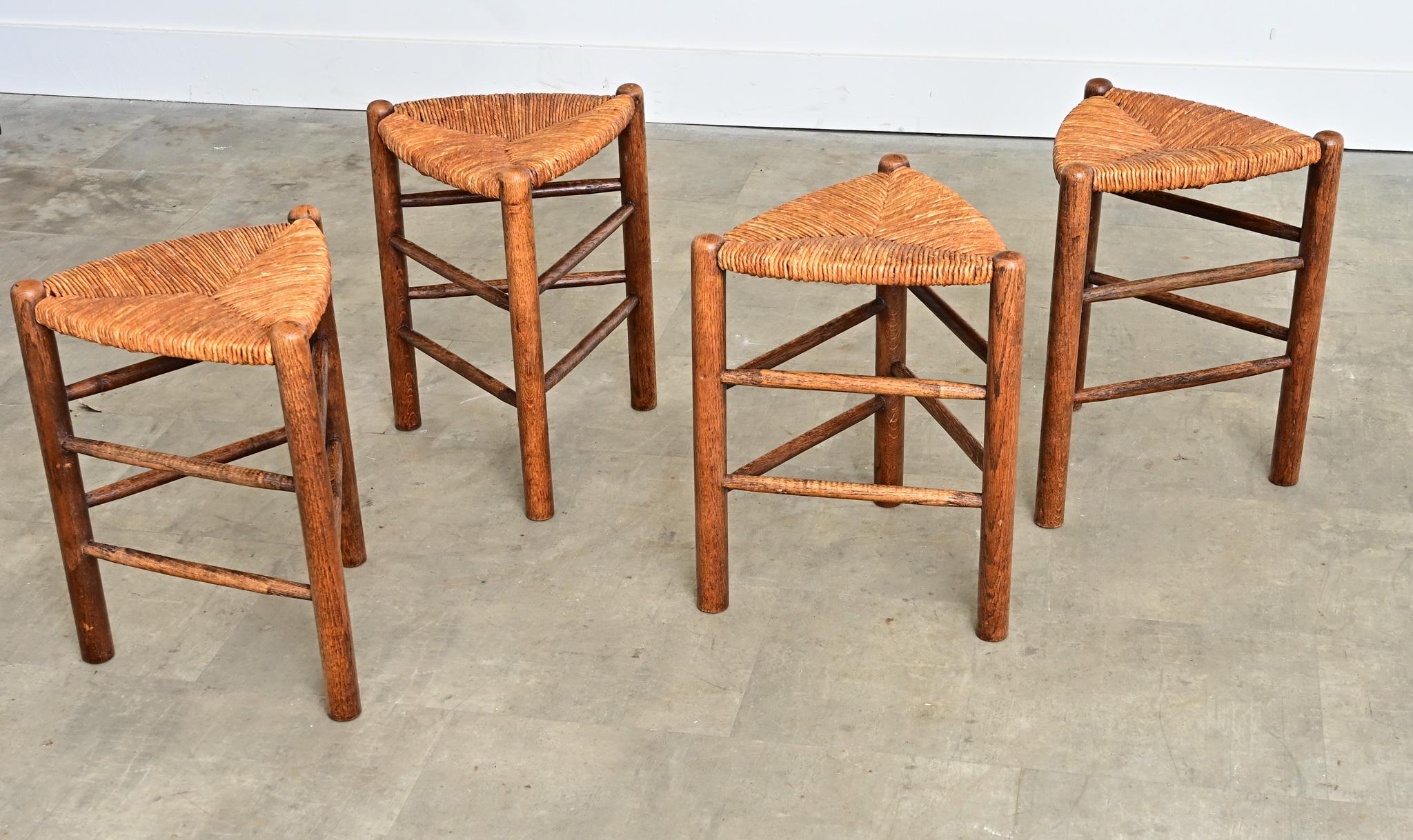 French Vintage Set of Four Oak and Rush Seat Triangular Stools For Sale ...