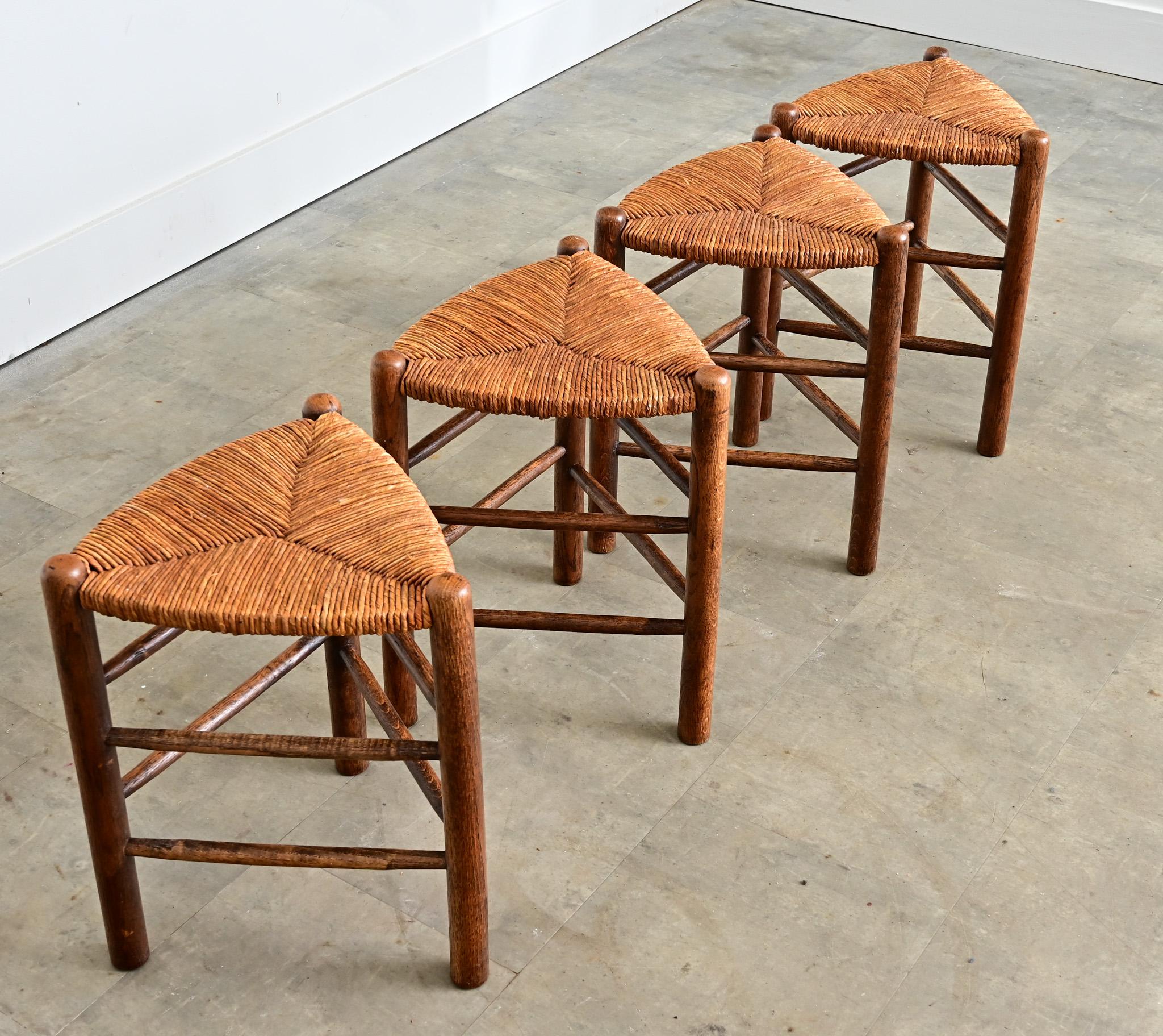 French Vintage Set of Four Oak and Rush Seat Triangular Stools For Sale ...