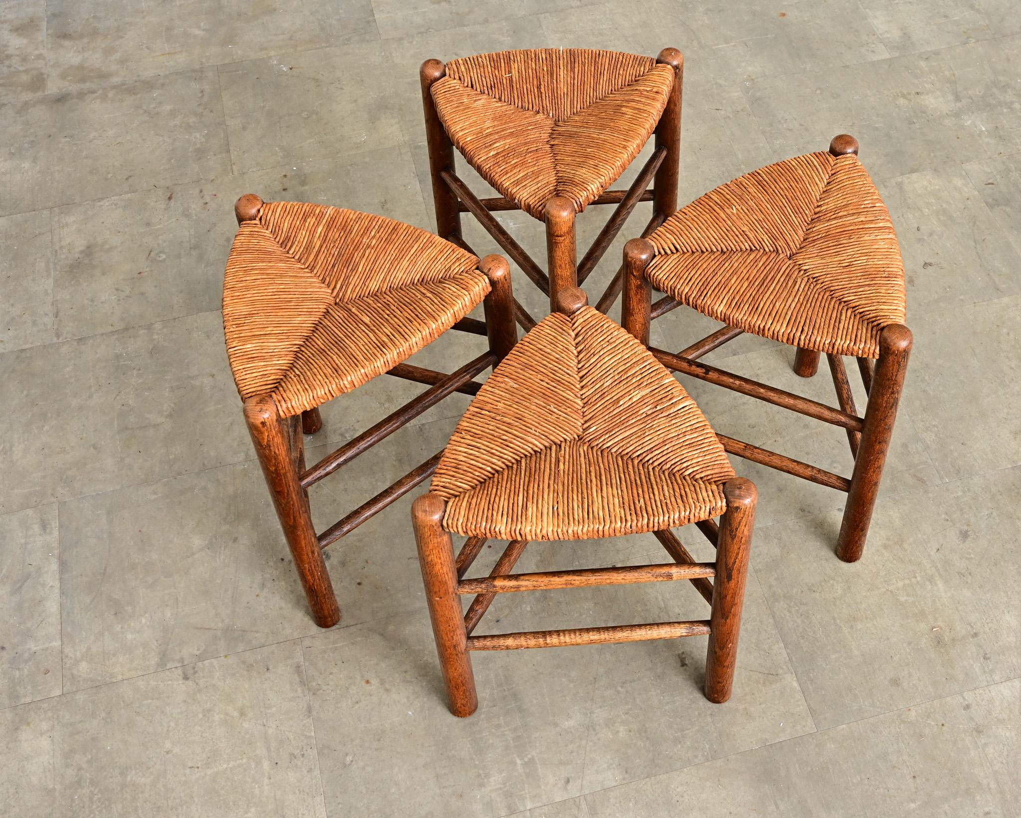 French Vintage Set of Four Oak and Rush Seat Triangular Stools For Sale ...