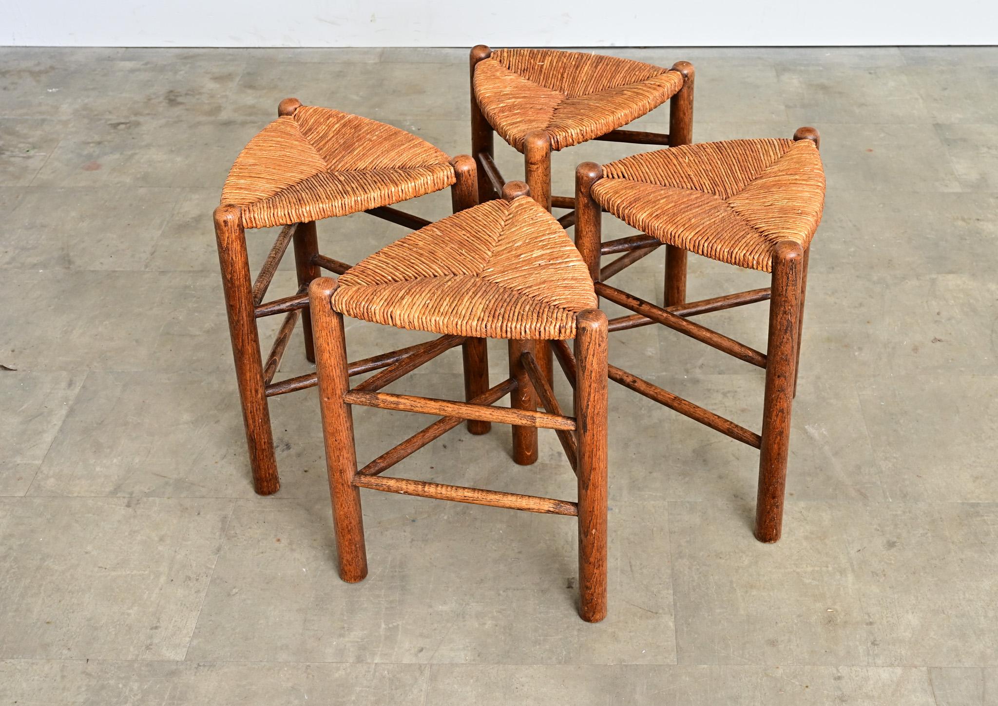 French Vintage Set of Four Oak and Rush Seat Triangular Stools For Sale ...