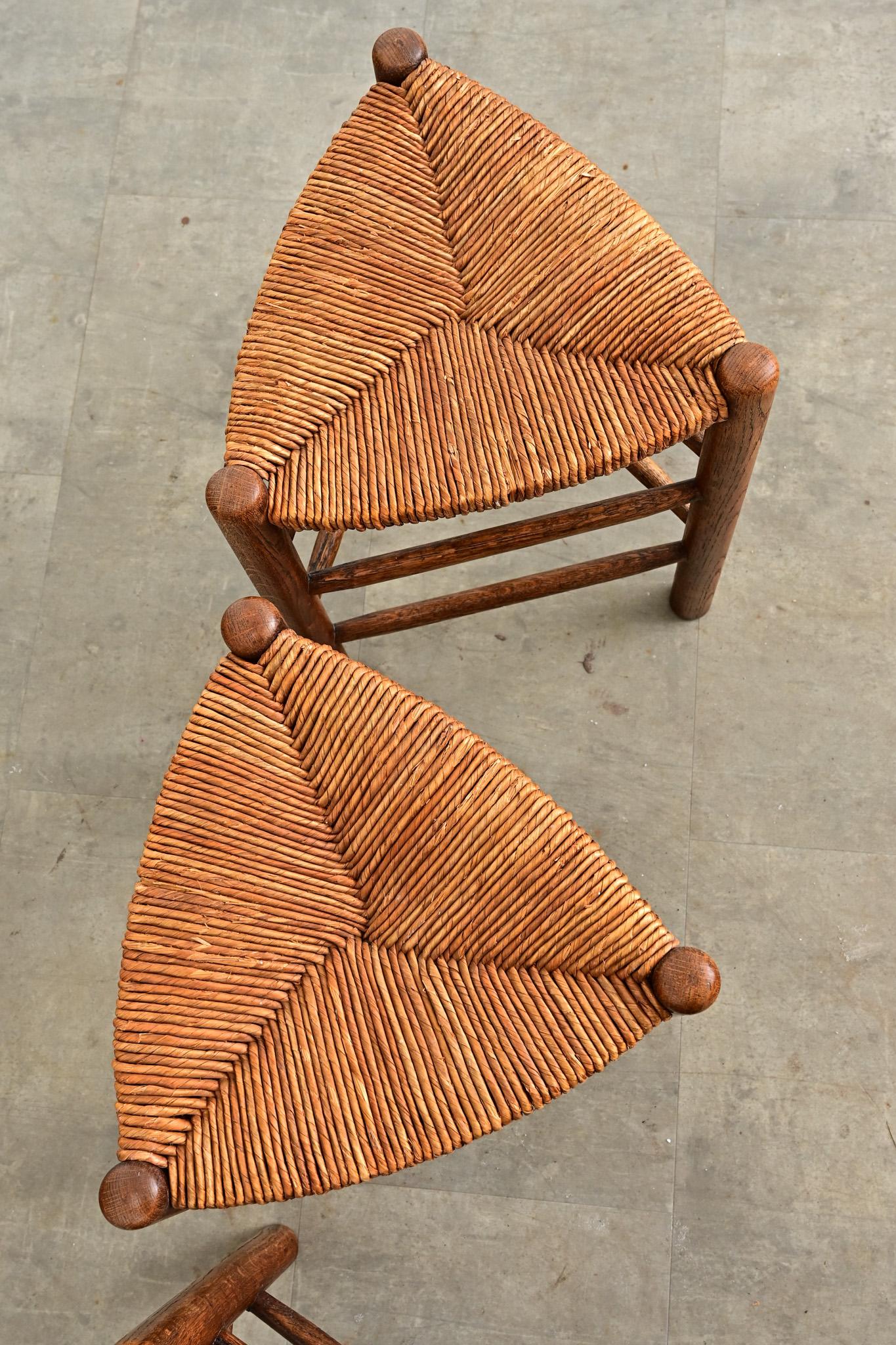 French Vintage Set of Four Oak and Rush Seat Triangular Stools For Sale ...