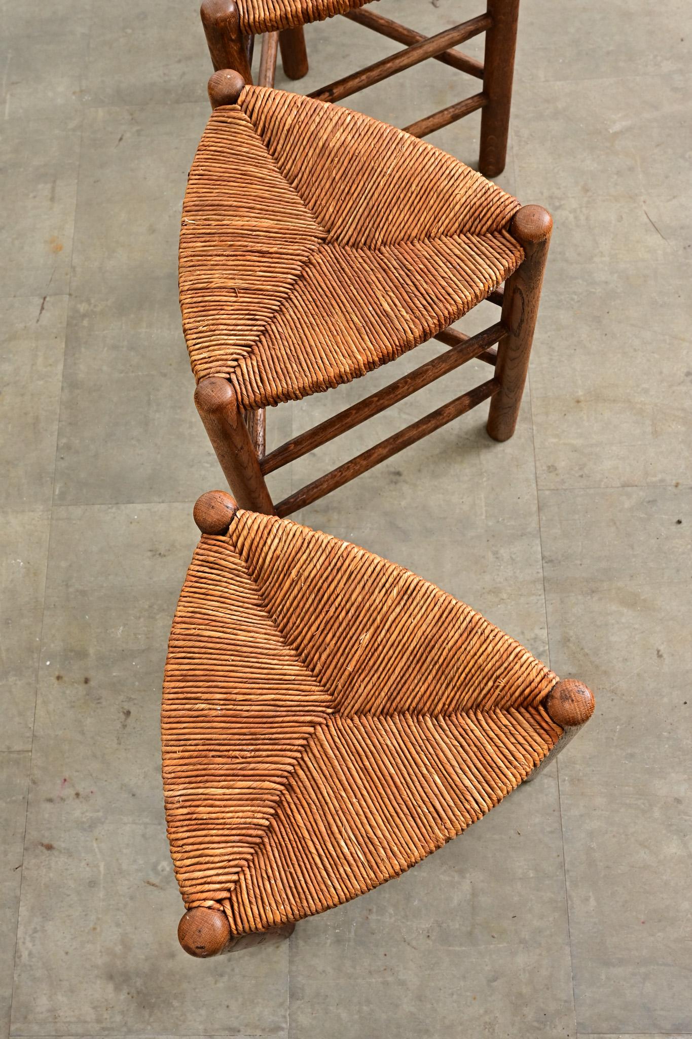 French Vintage Set of Four Oak and Rush Seat Triangular Stools For Sale ...