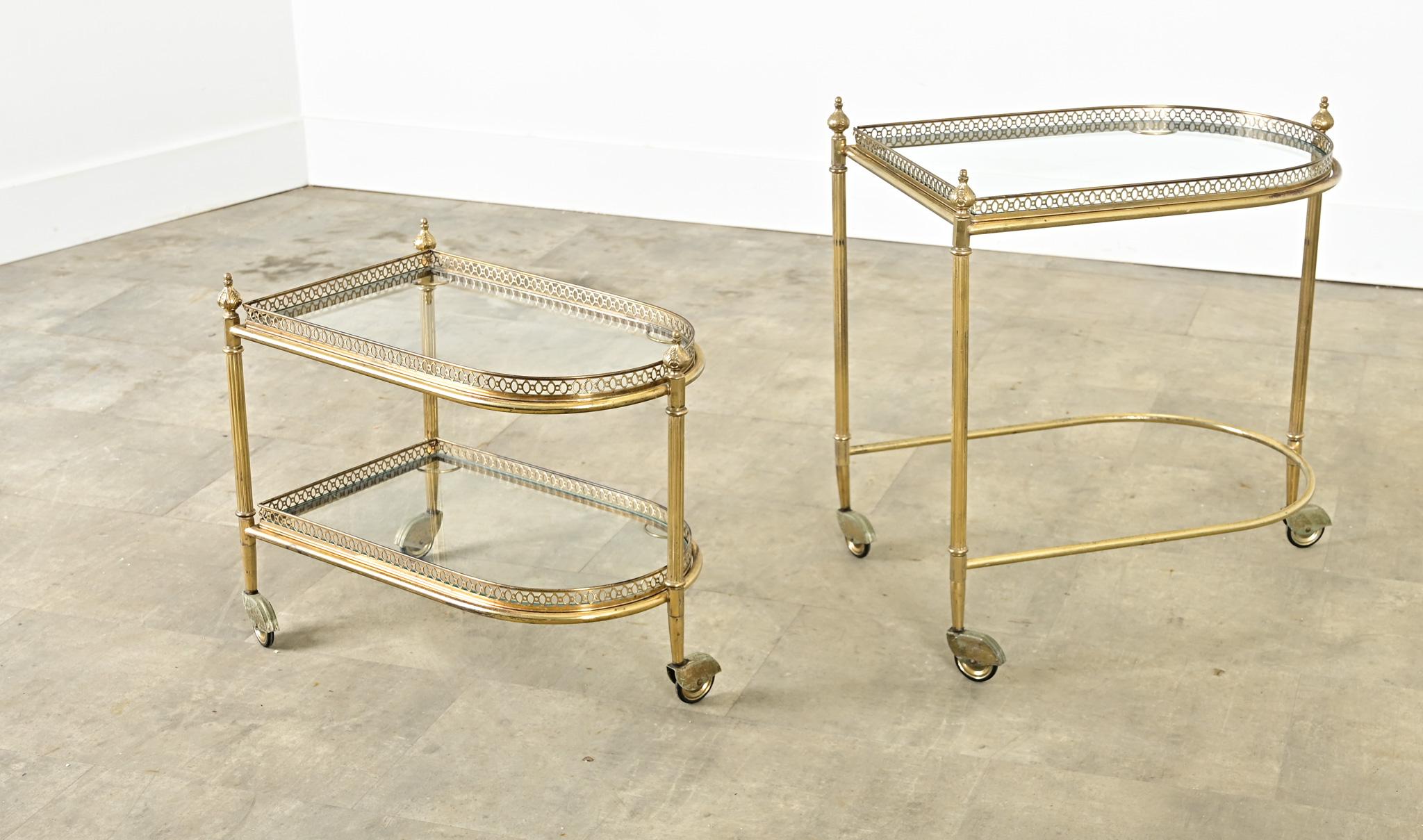 French Vintage Set of Brass & Glass Nesting Trolleys For Sale 5