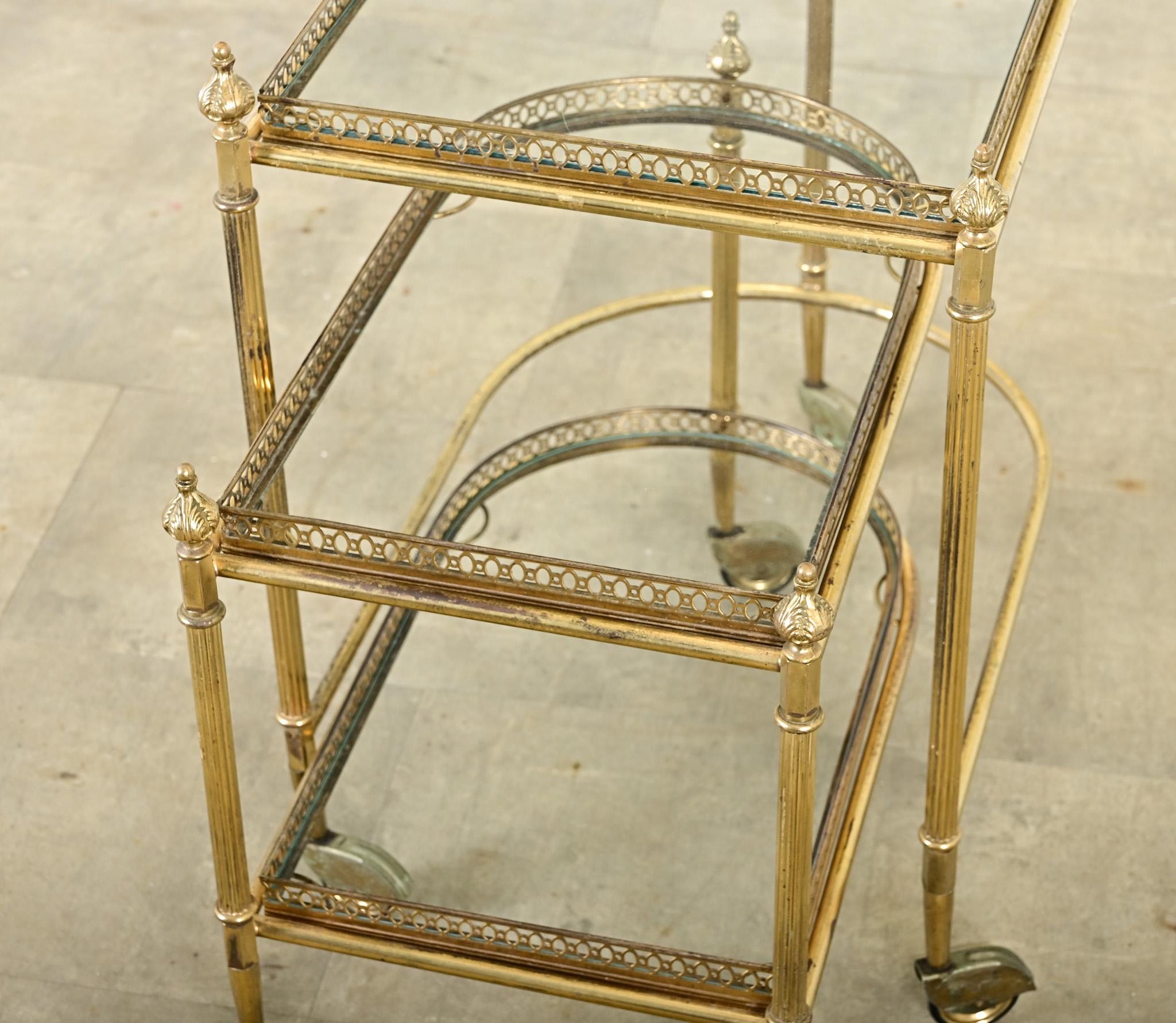 French Vintage Set of Brass & Glass Nesting Trolleys For Sale 6