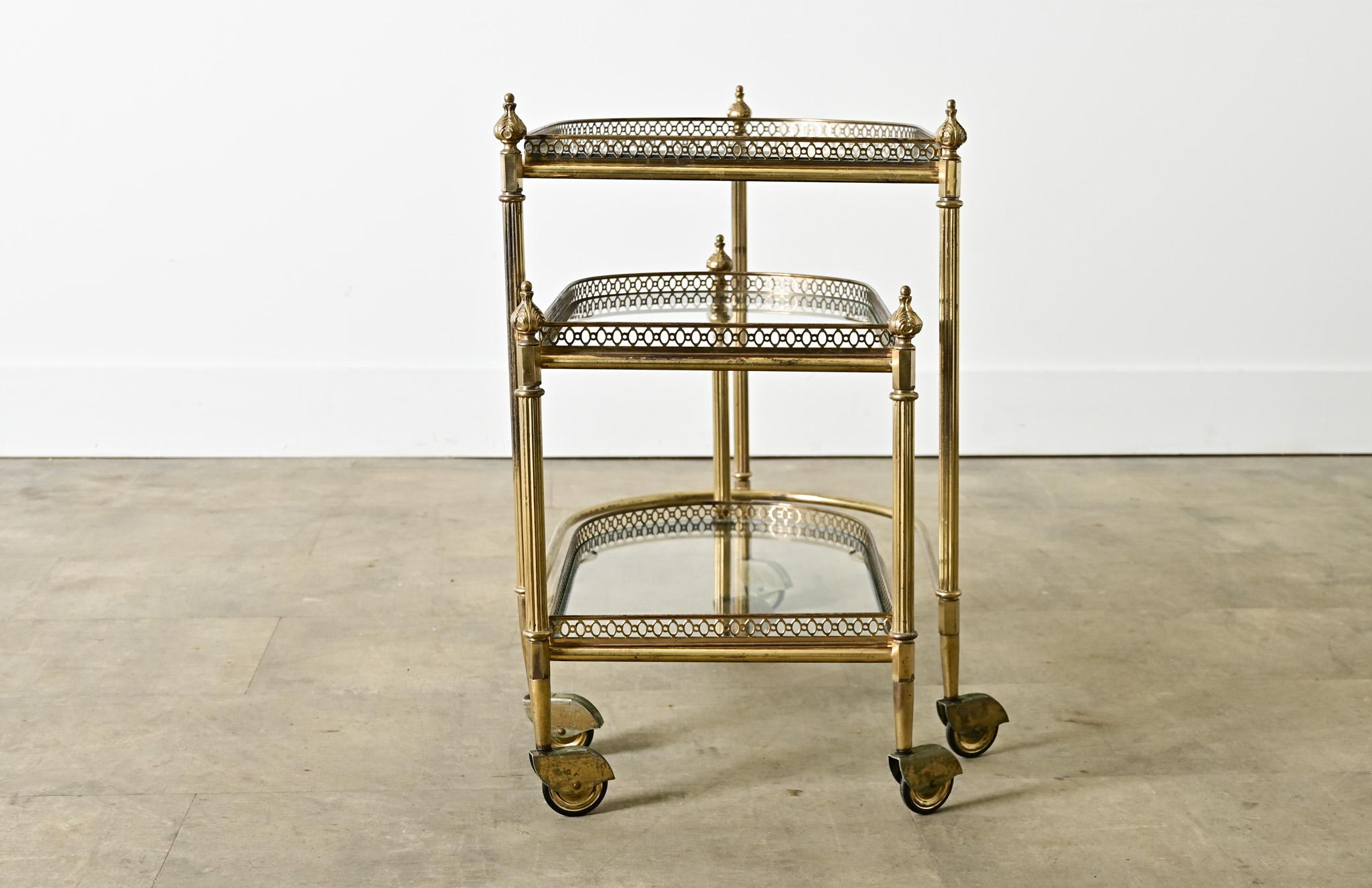 French Vintage Set of Brass & Glass Nesting Trolleys For Sale 7