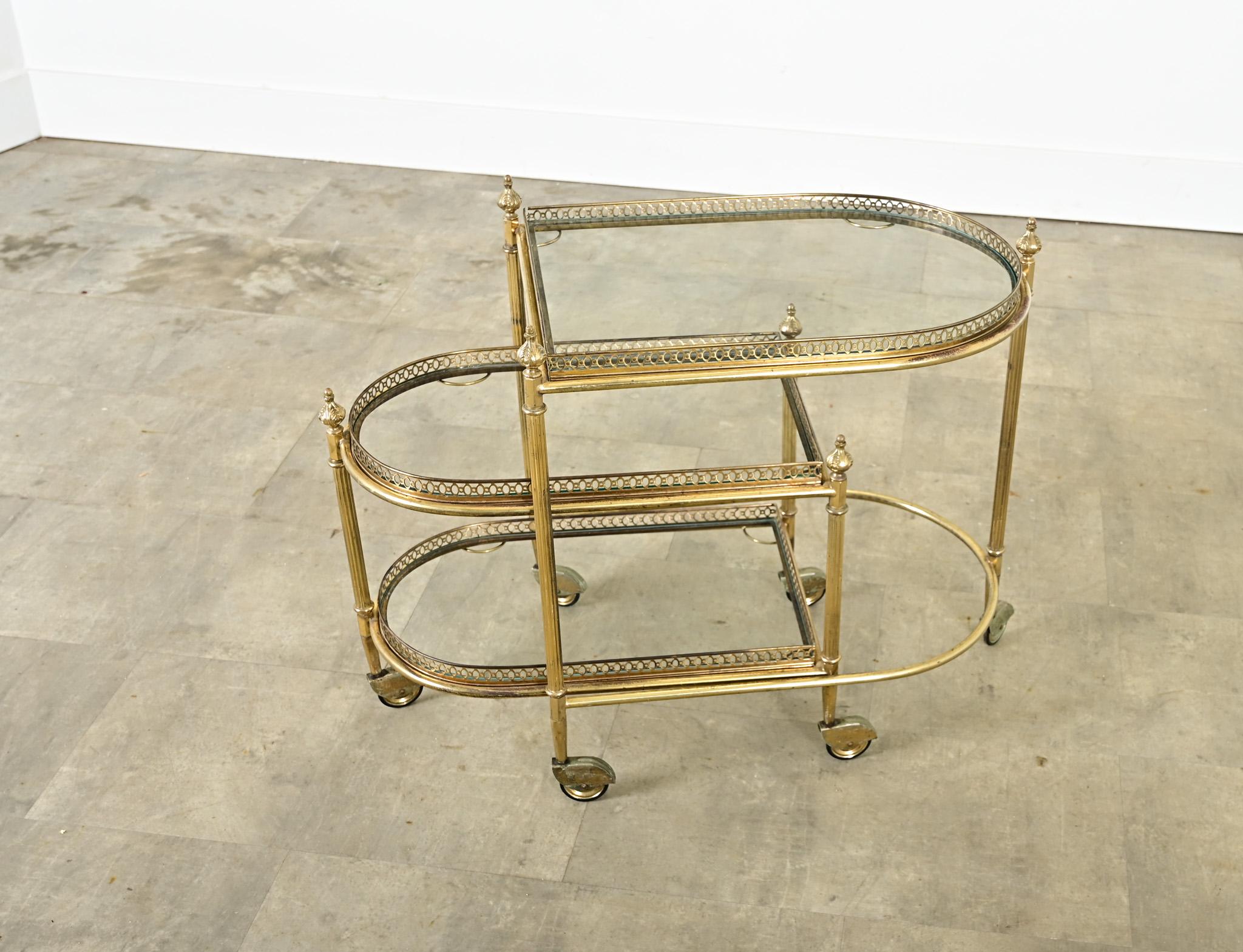 French Vintage Set of Brass & Glass Nesting Trolleys For Sale 8