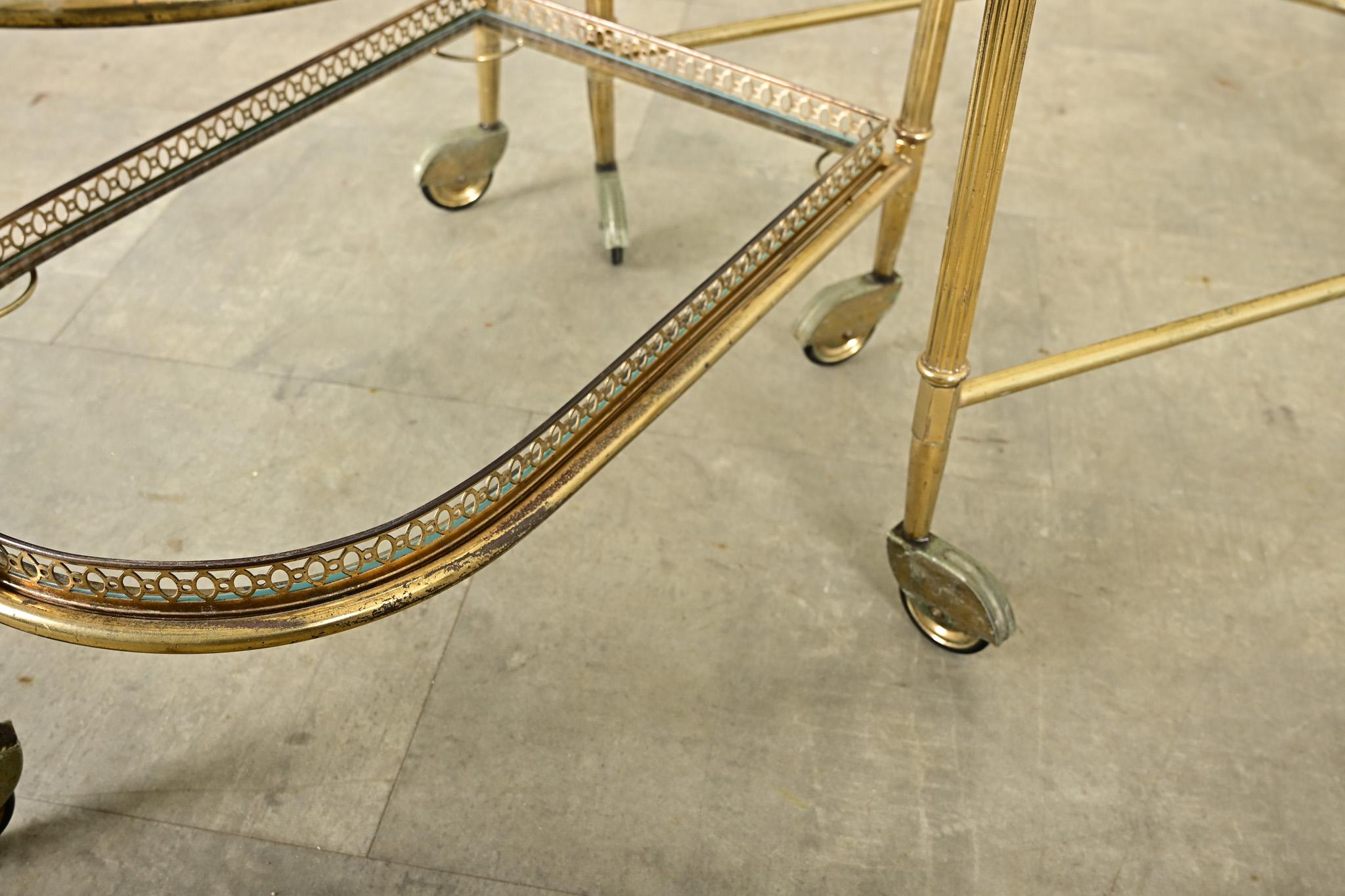 French Vintage Set of Brass & Glass Nesting Trolleys For Sale 9