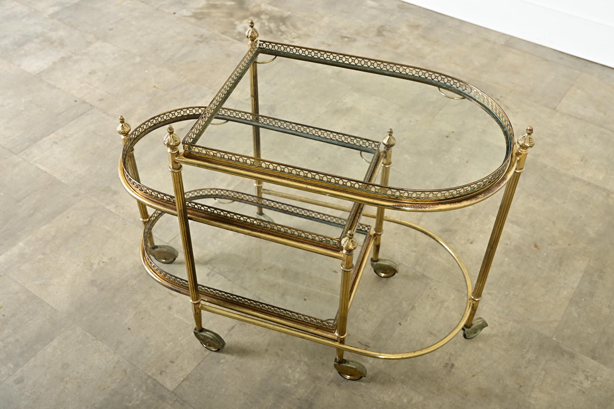 French Vintage Set of Brass & Glass Nesting Trolleys For Sale 12