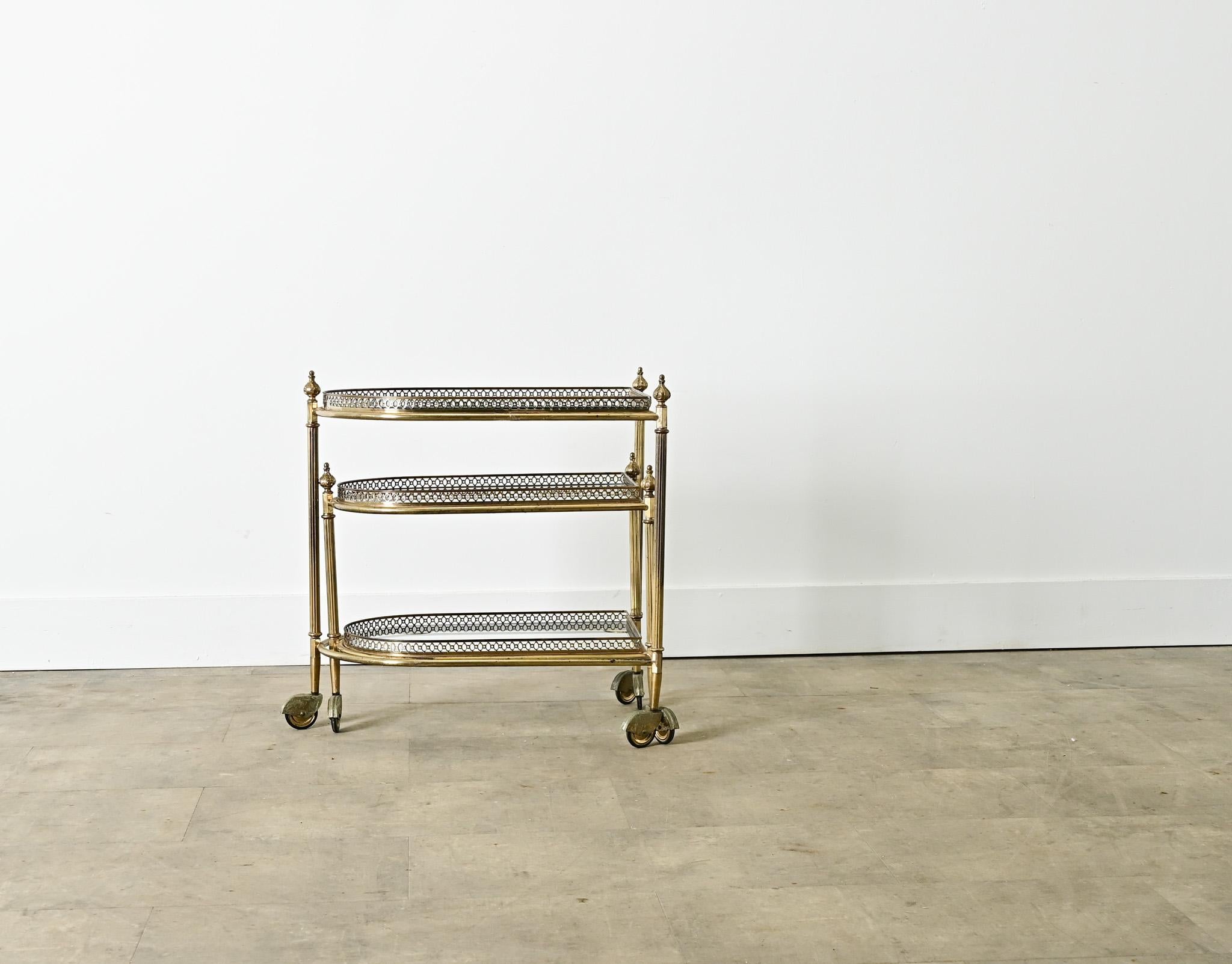 Hollywood Regency French Vintage Set of Brass & Glass Nesting Trolleys For Sale