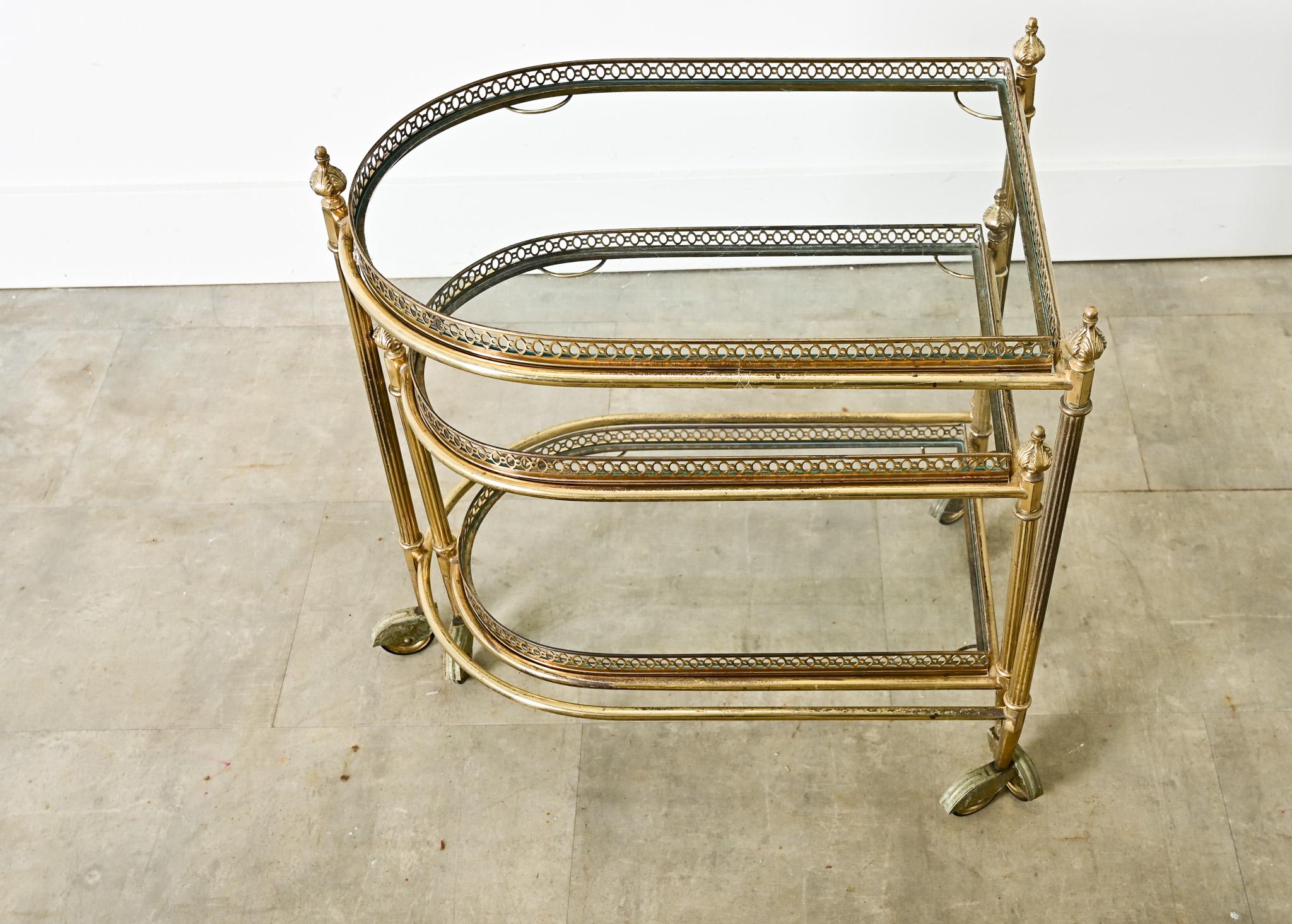 Cast French Vintage Set of Brass & Glass Nesting Trolleys For Sale