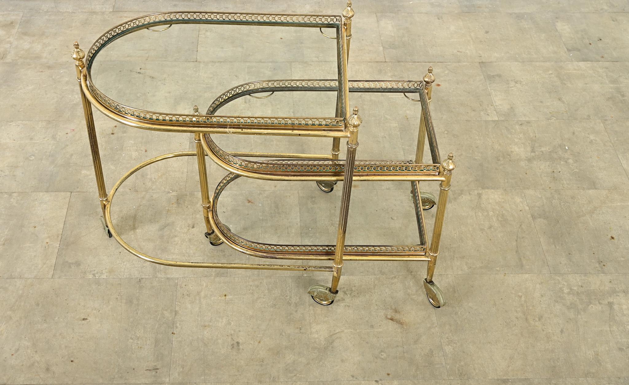 French Vintage Set of Brass & Glass Nesting Trolleys In Good Condition For Sale In Baton Rouge, LA
