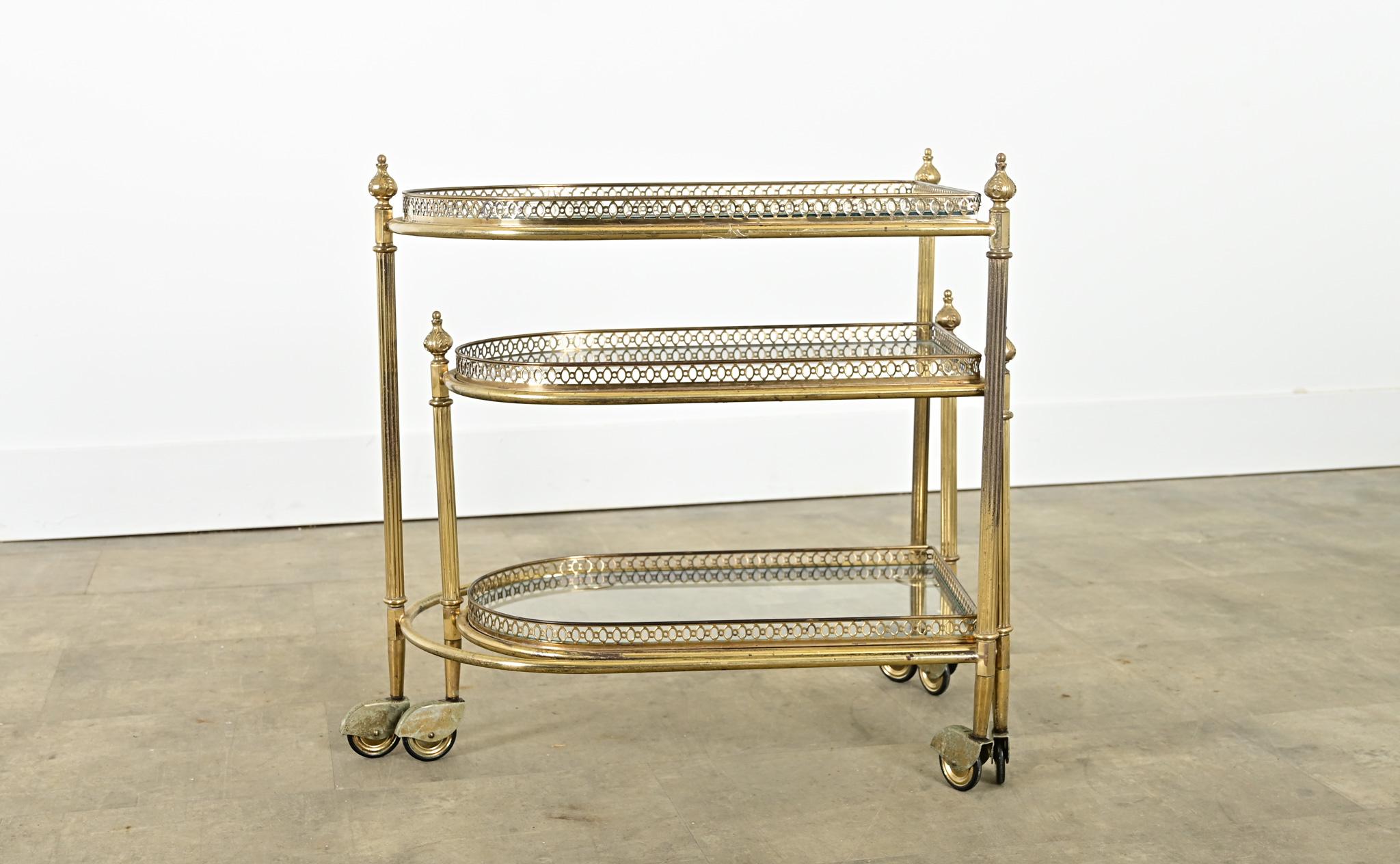 20th Century French Vintage Set of Brass & Glass Nesting Trolleys For Sale