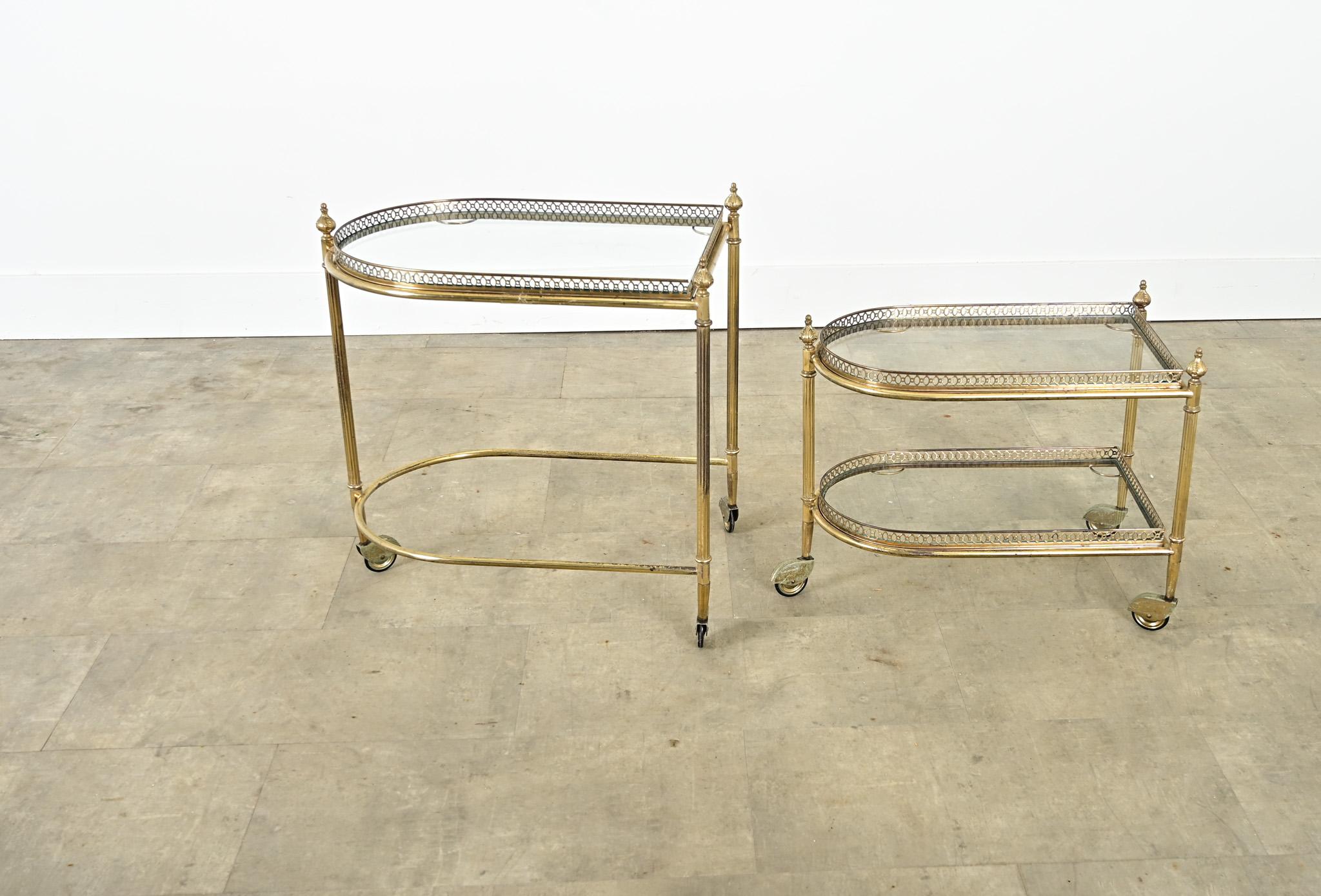 French Vintage Set of Brass & Glass Nesting Trolleys For Sale 1