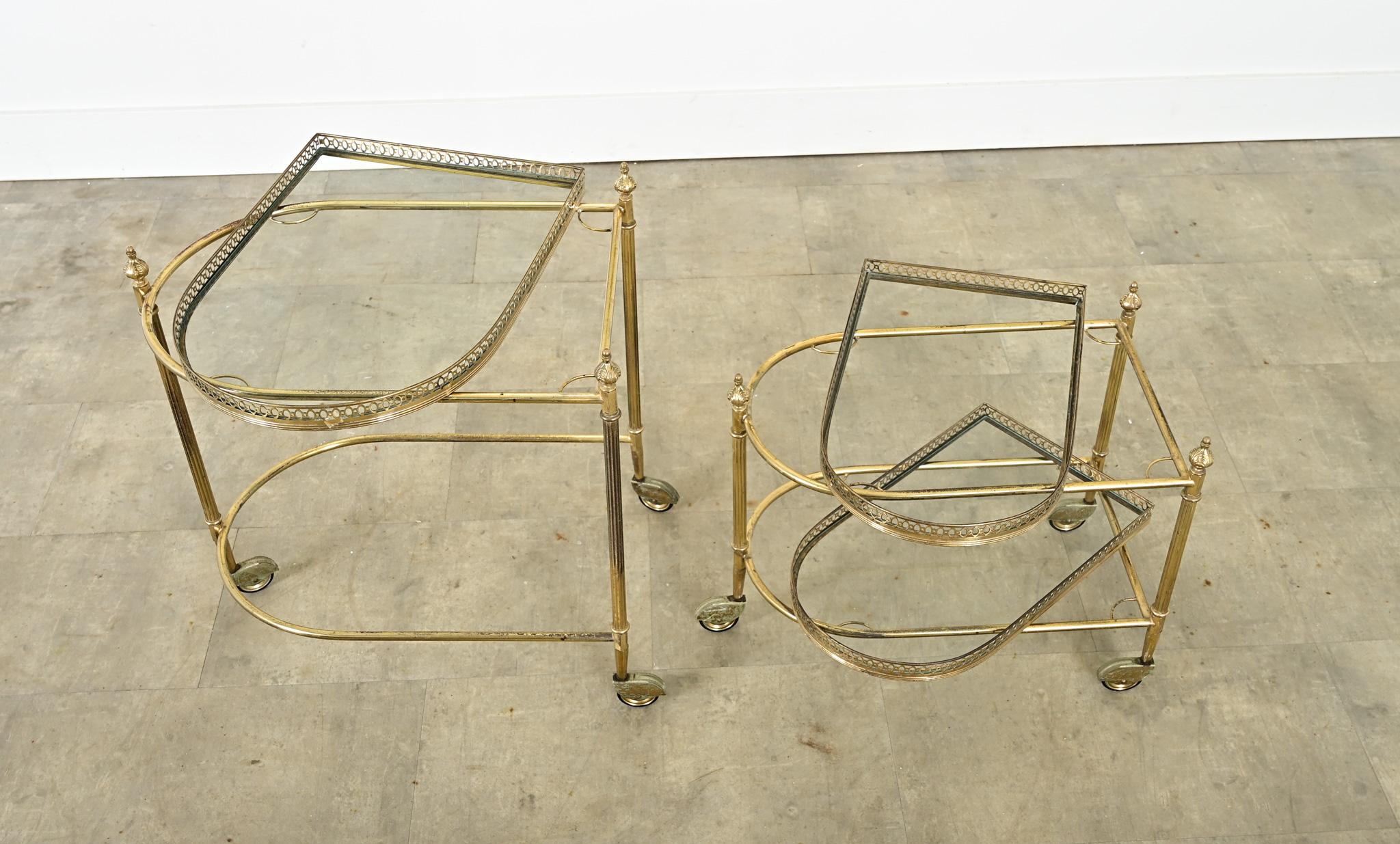 French Vintage Set of Brass & Glass Nesting Trolleys For Sale 2