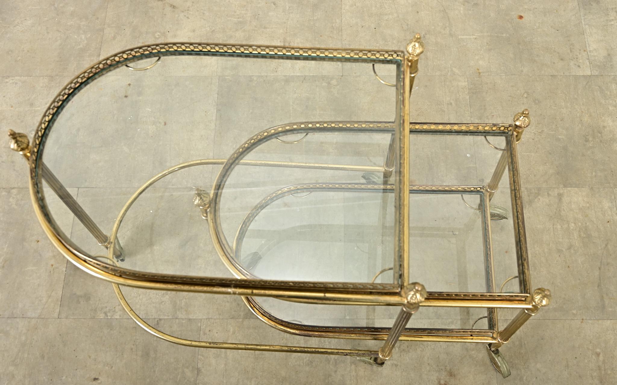 French Vintage Set of Brass & Glass Nesting Trolleys For Sale 3