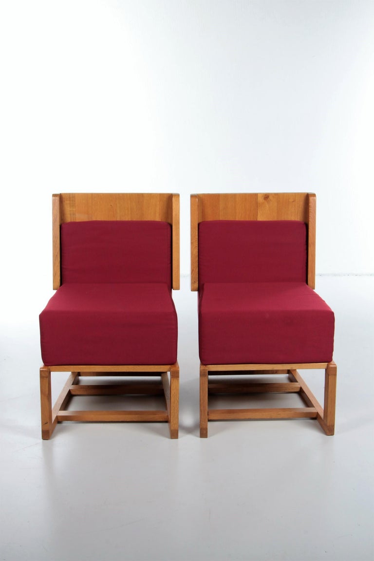 Mid-Century Modern French Vintage Set of Oak Designer Chairs, 1970s For Sale
