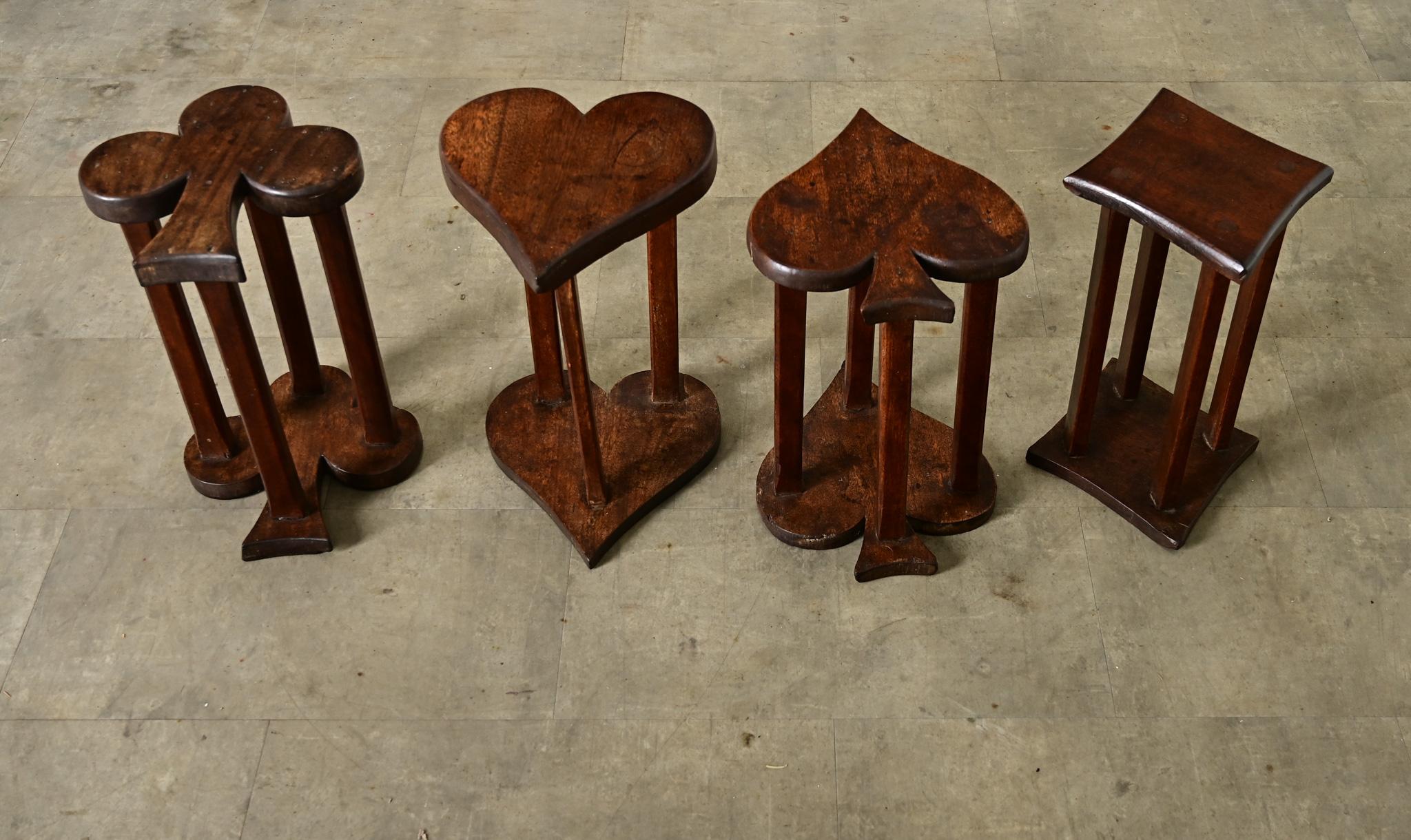French Provincial French Vintage Set of Oak Playing Card Stools For Sale