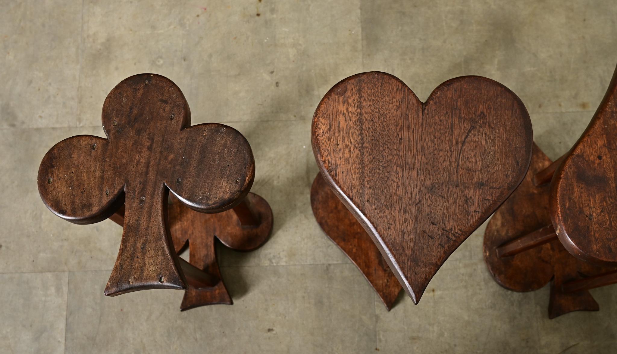 Carved French Vintage Set of Oak Playing Card Stools For Sale