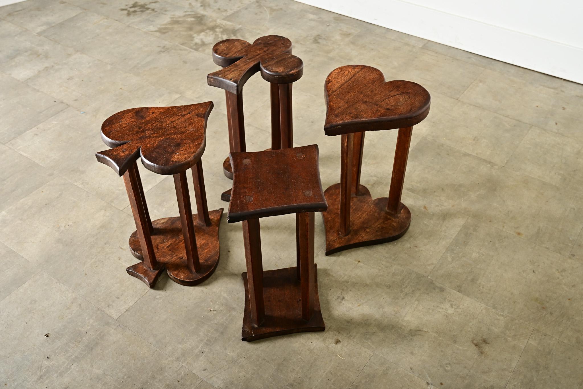 French Vintage Set of Oak Playing Card Stools For Sale 1