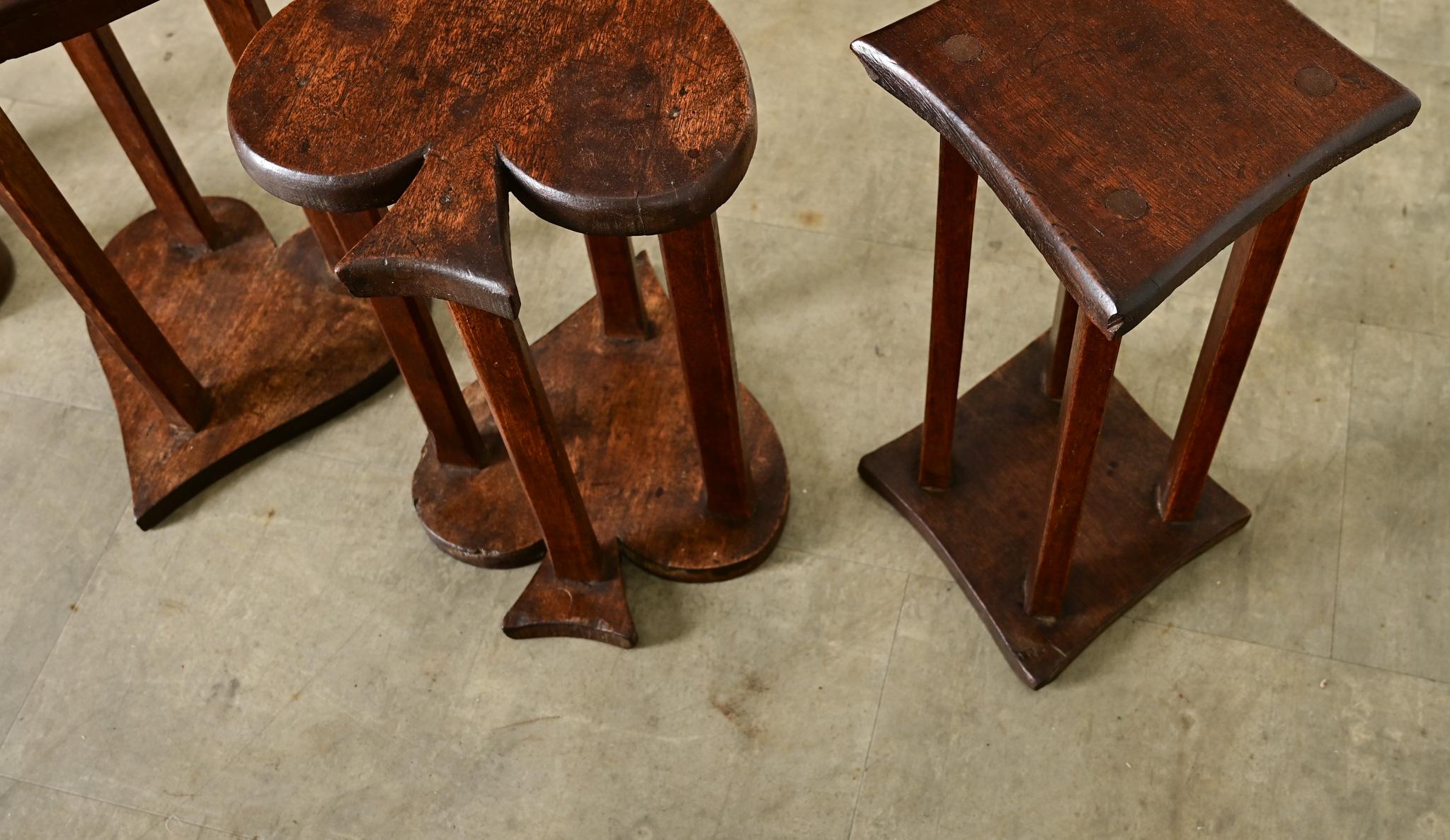 French Vintage Set of Oak Playing Card Stools For Sale 2