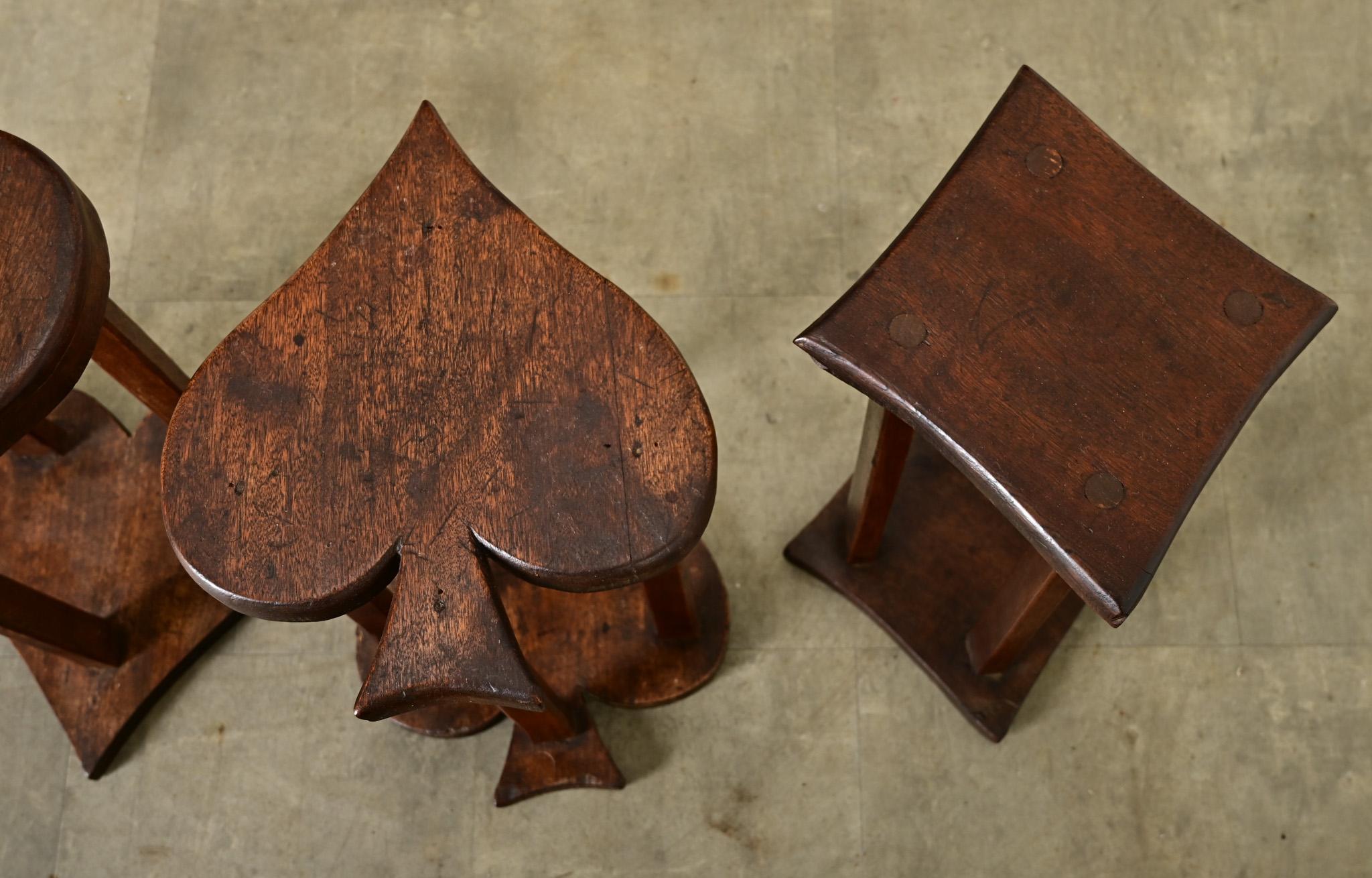 French Vintage Set of Oak Playing Card Stools For Sale 3