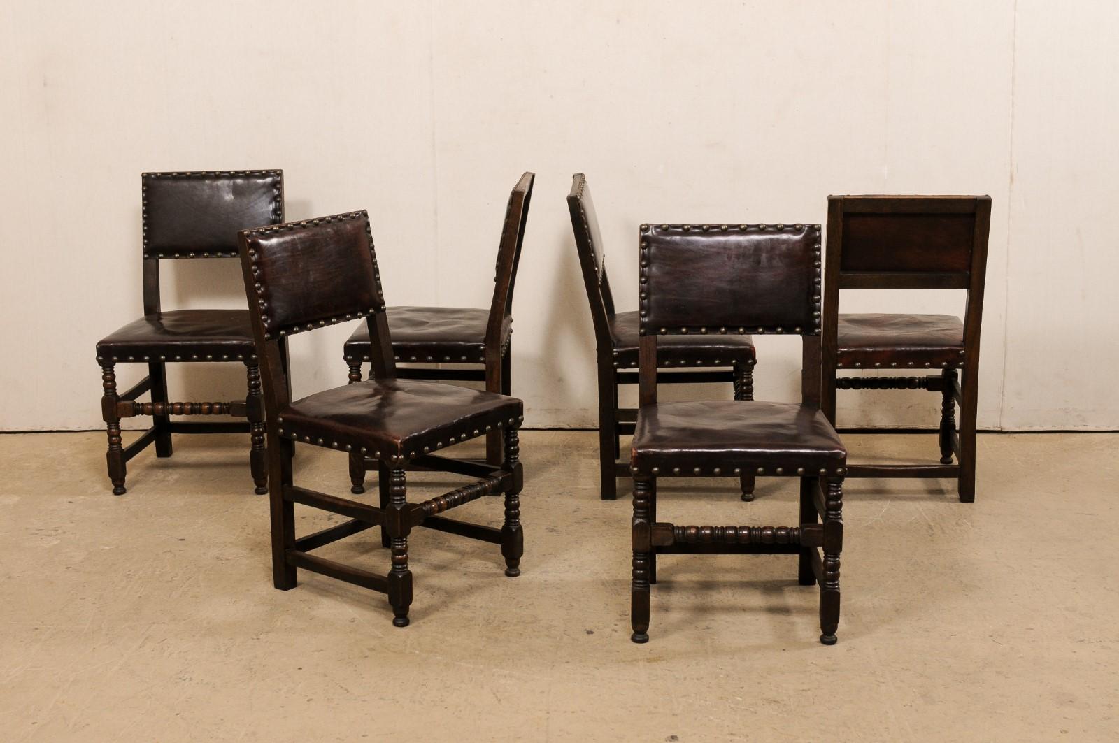 20th Century French Vintage Set of Six Leather Upholstered & Carved-Wood Side Chairs