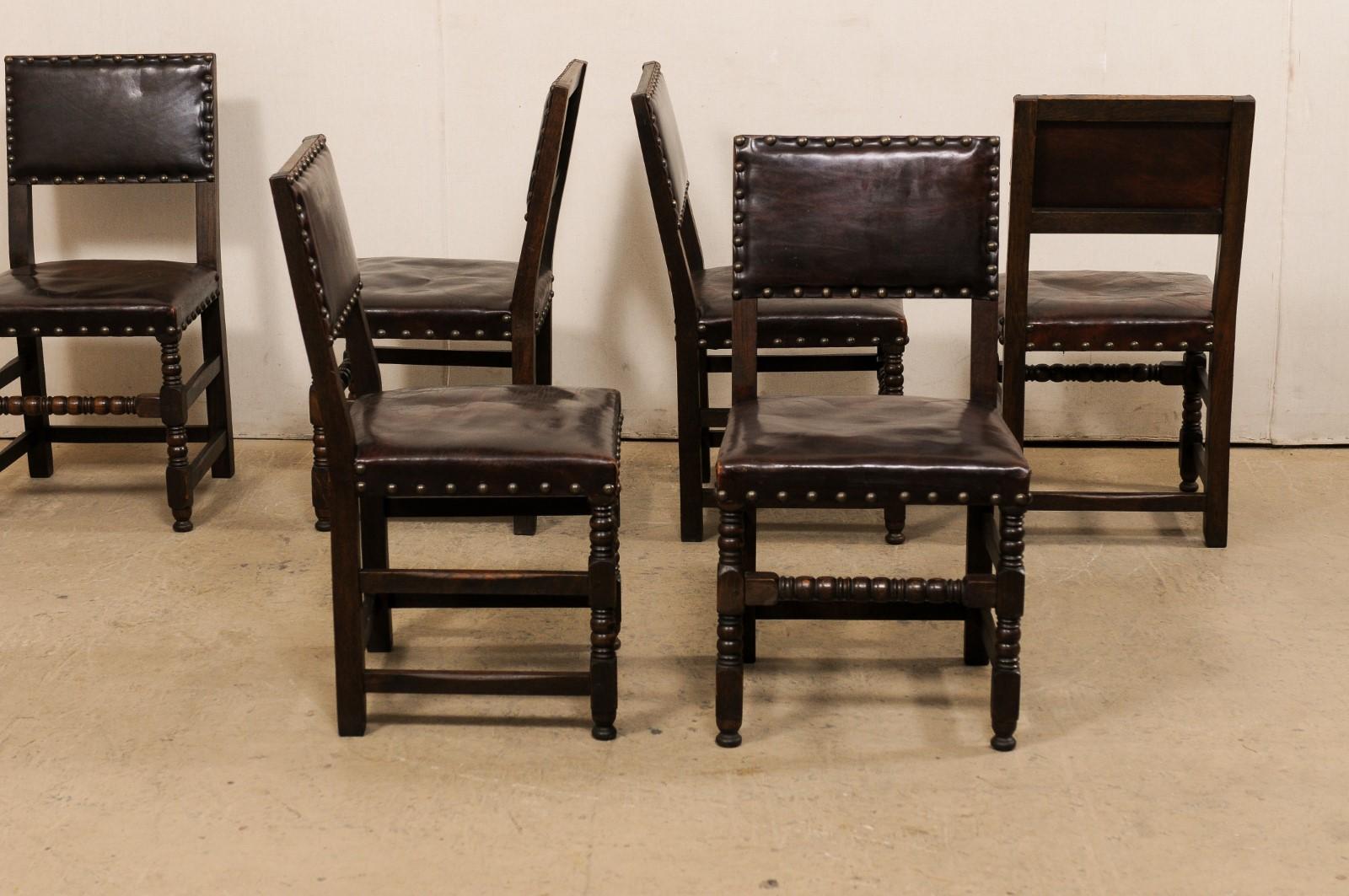 French Vintage Set of Six Leather Upholstered & Carved-Wood Side Chairs 1