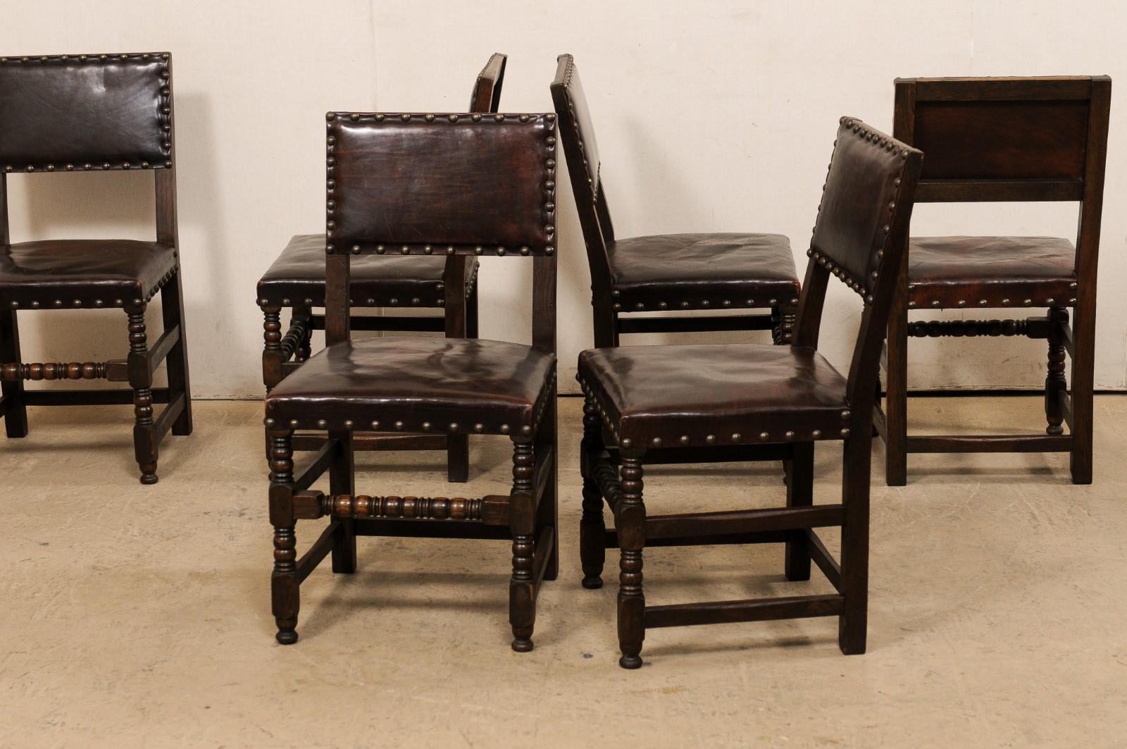 French Vintage Set of Six Leather Upholstered & Carved-Wood Side Chairs 4
