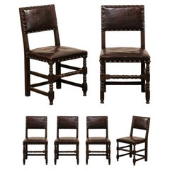 French Vintage Set of Six Leather Upholstered & Carved-Wood Side Chairs