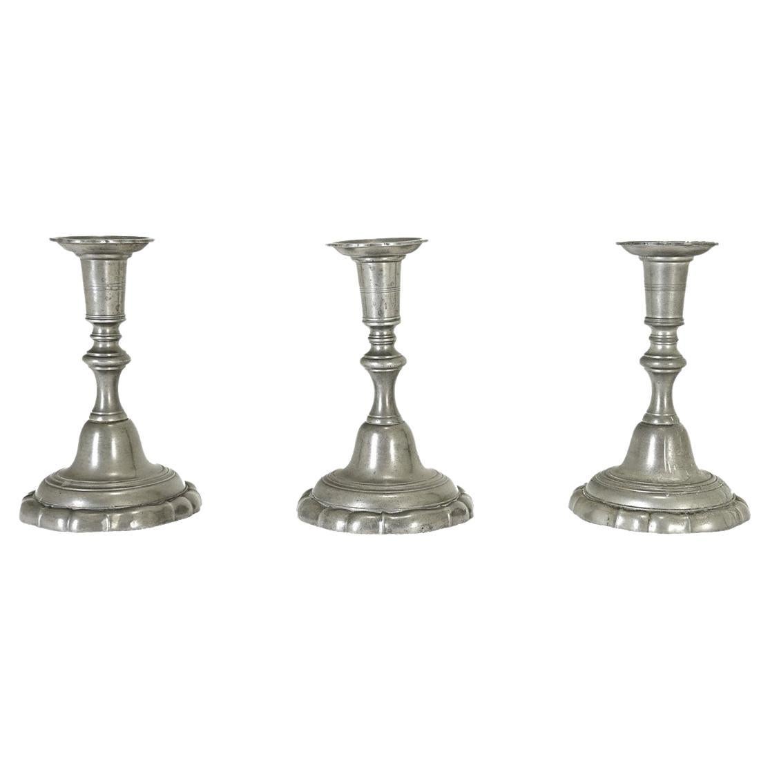 French Vintage Set of Three Pewter Candlesticks