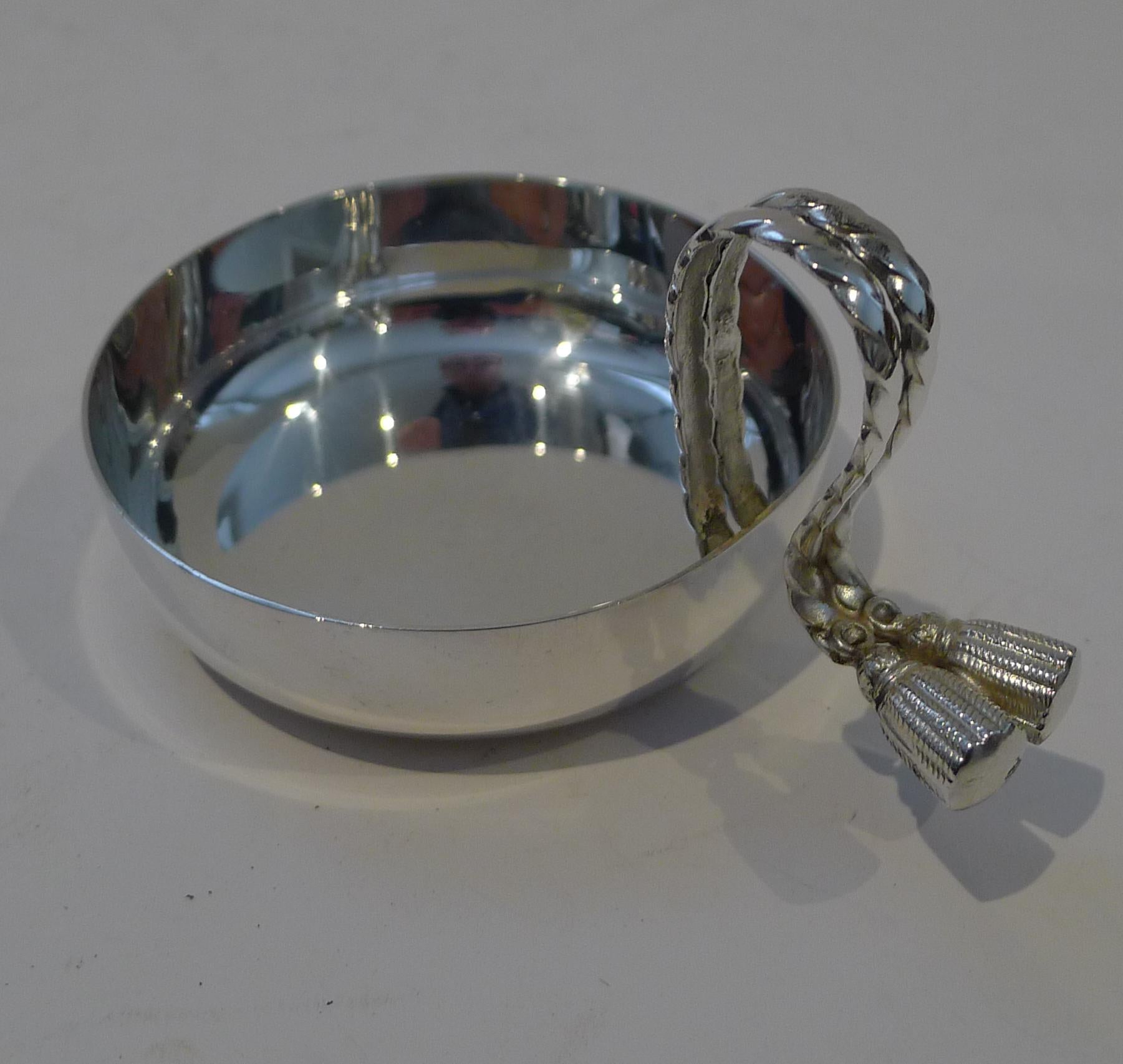 A rare smaller example of Maria Pergay's tassel decorated dish or vide poche; perfect if you are looking to add to a grouping, this smaller size is hard to find.

Made from silver plate, this dish has just returned from our silversmiths' workshop