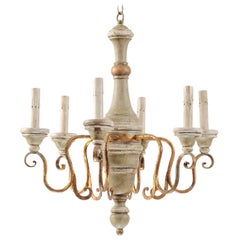 French Vintage Six-Light Painted and Turned Wood Chandelier in Soft Grey-Green