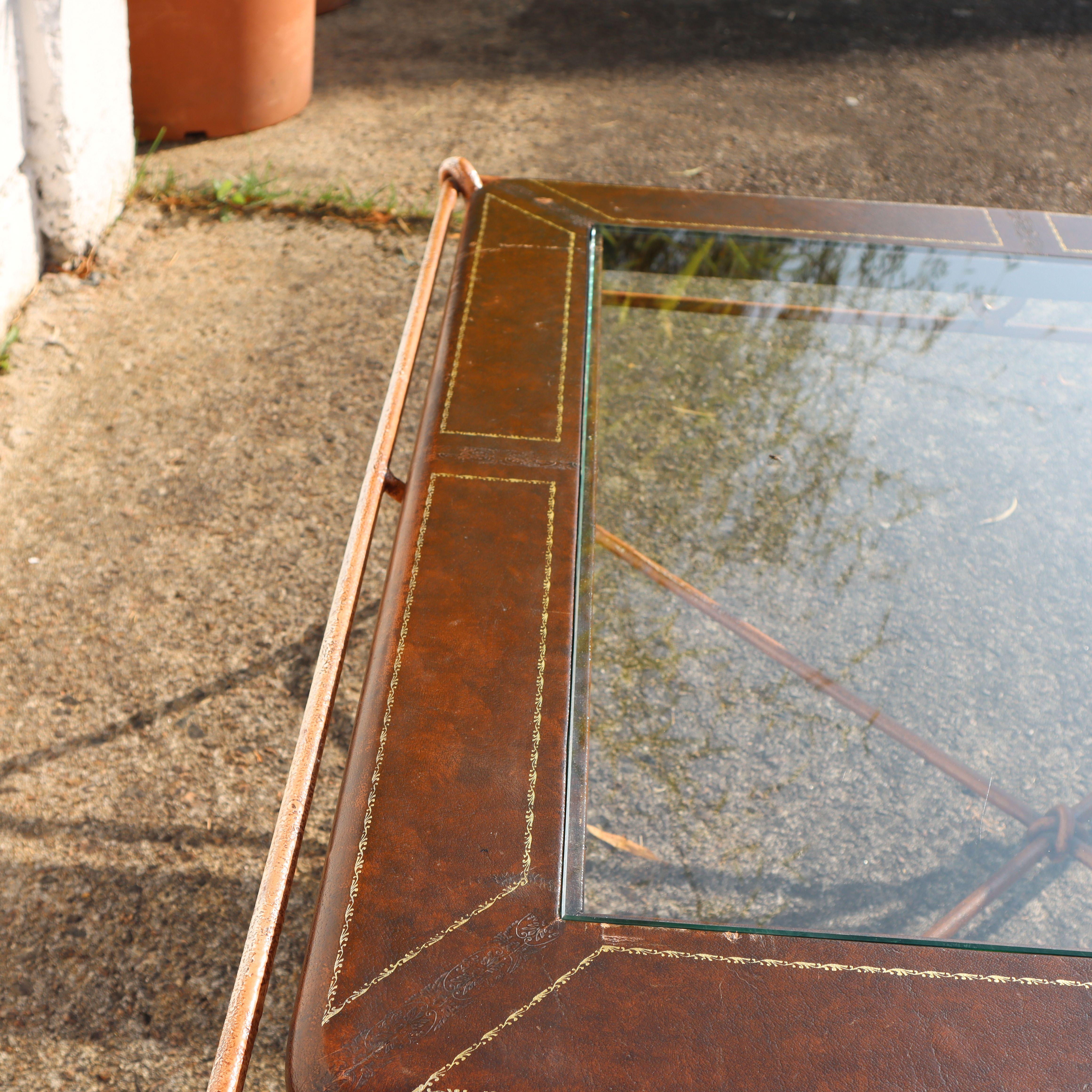 French Vintage square Leather, Iron and Glass Insert Coffee Table-Cocktail Table 3