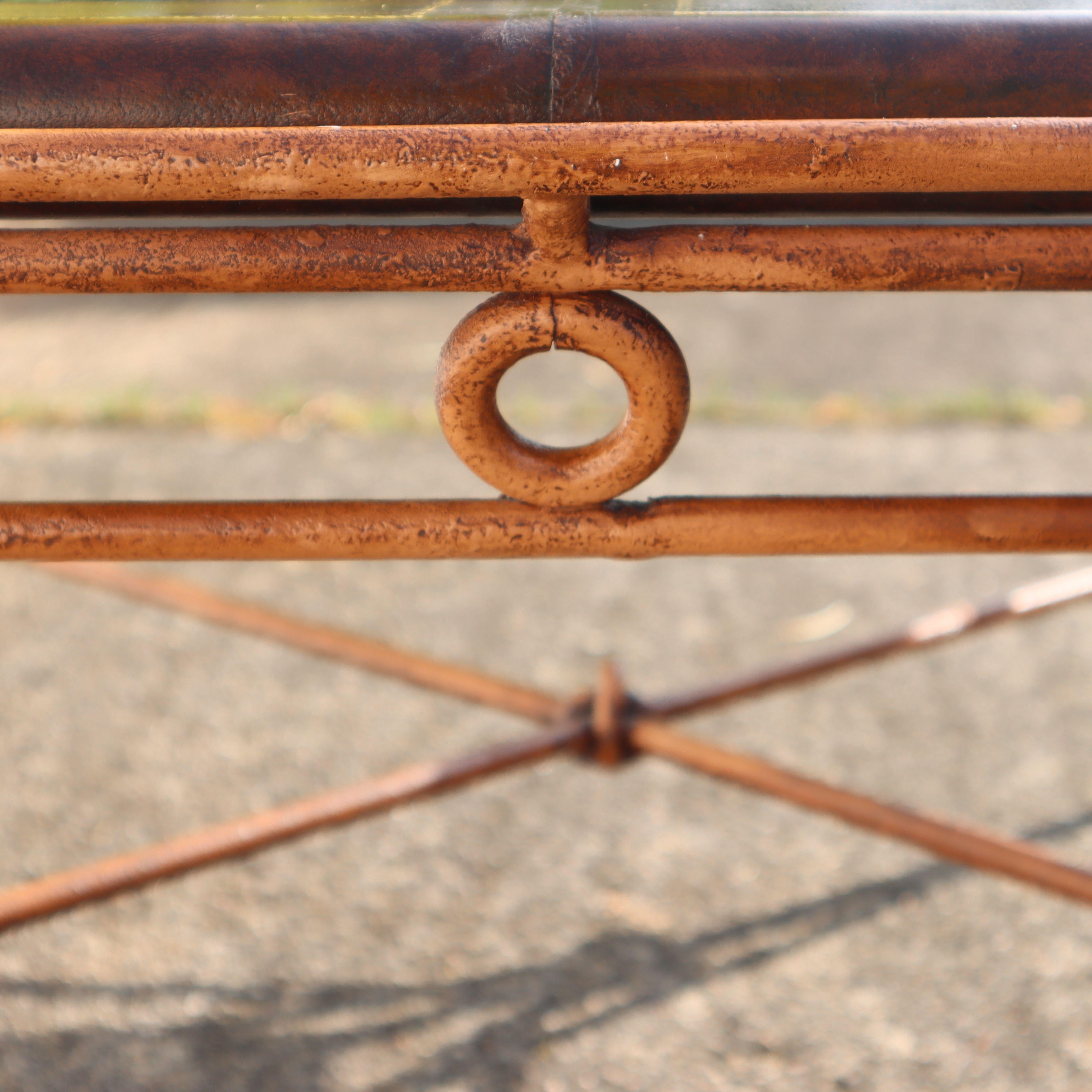 French Vintage square Leather, Iron and Glass Insert Coffee Table-Cocktail Table 5