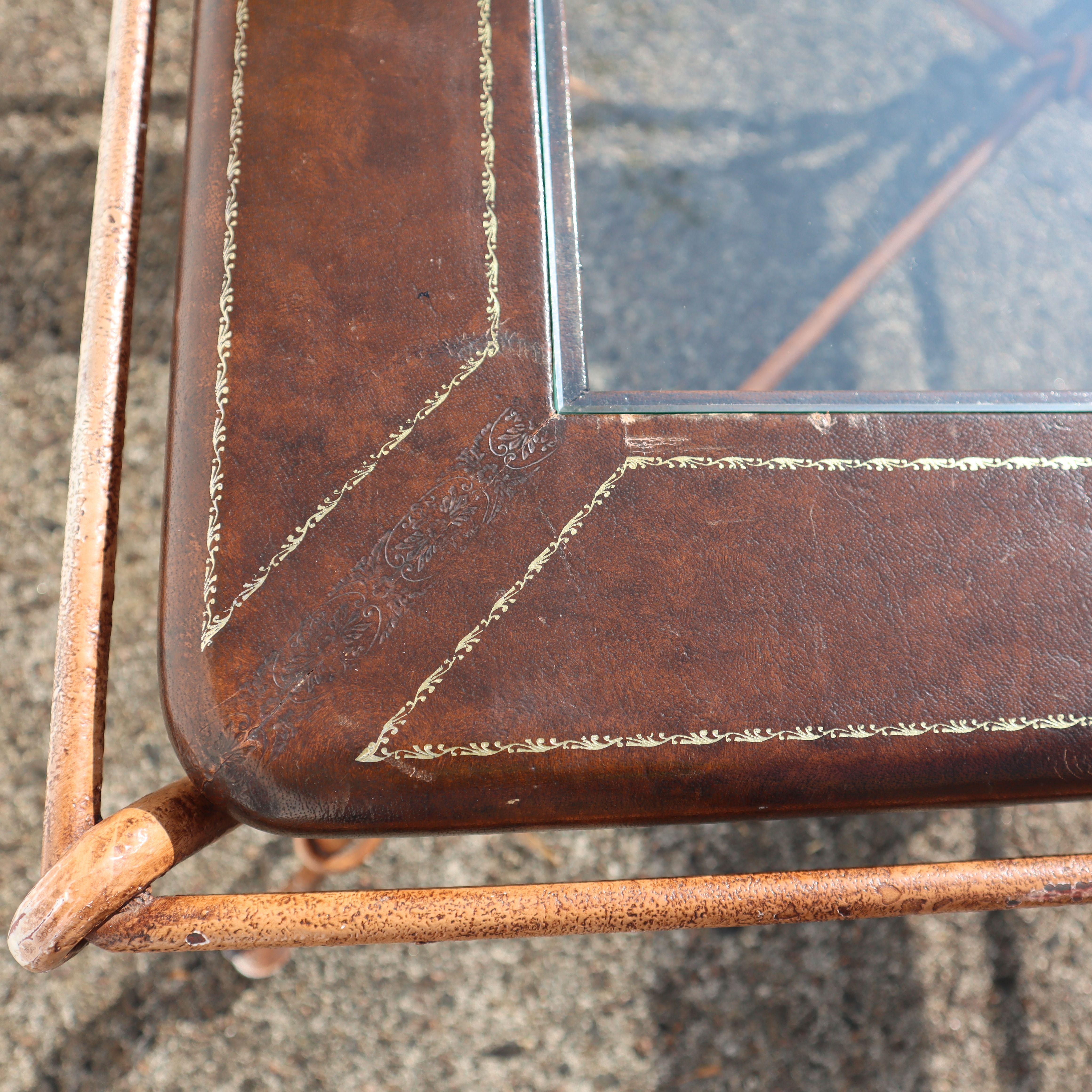 French Vintage square Leather, Iron and Glass Insert Coffee Table-Cocktail Table 7