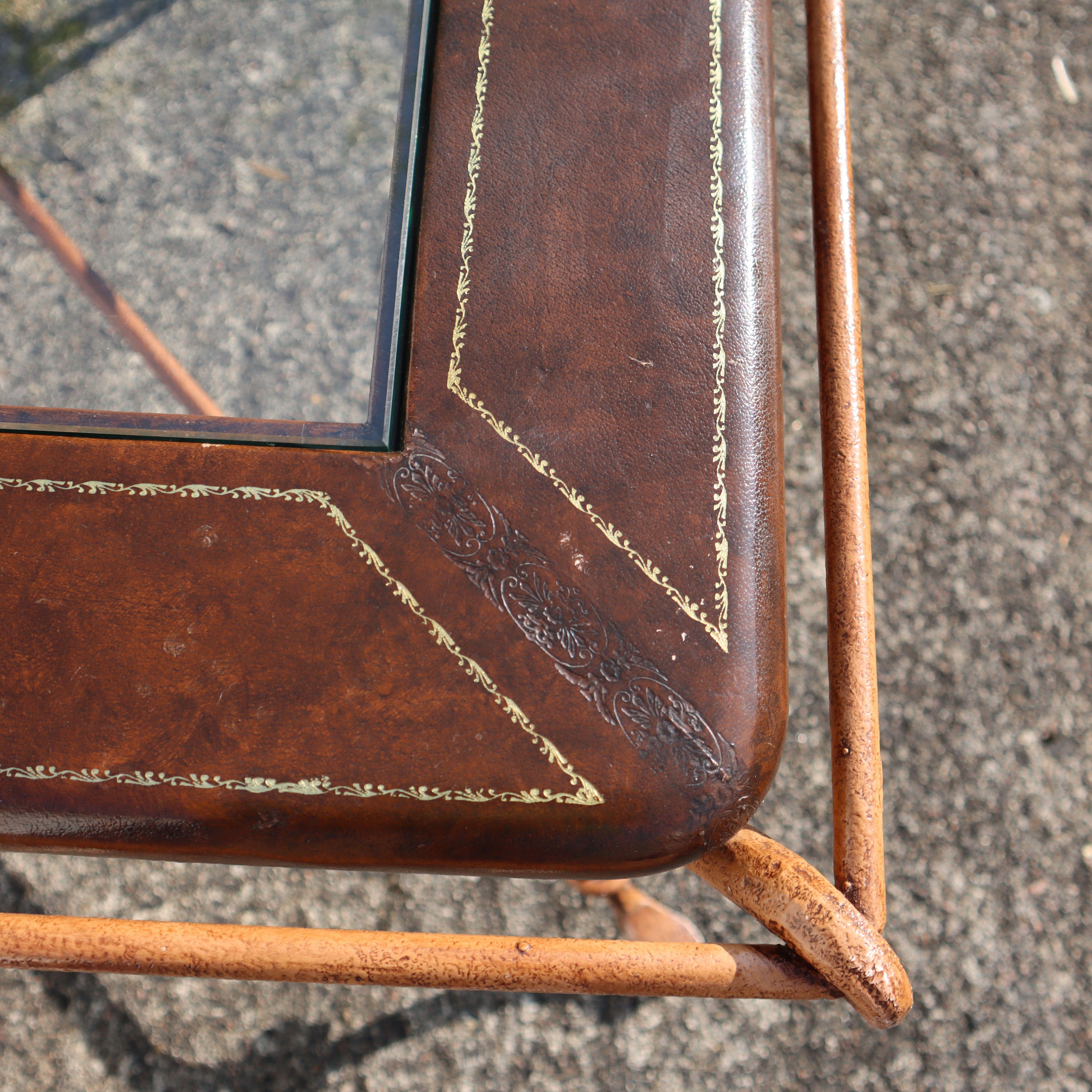 French Vintage square Leather, Iron and Glass Insert Coffee Table-Cocktail Table 8