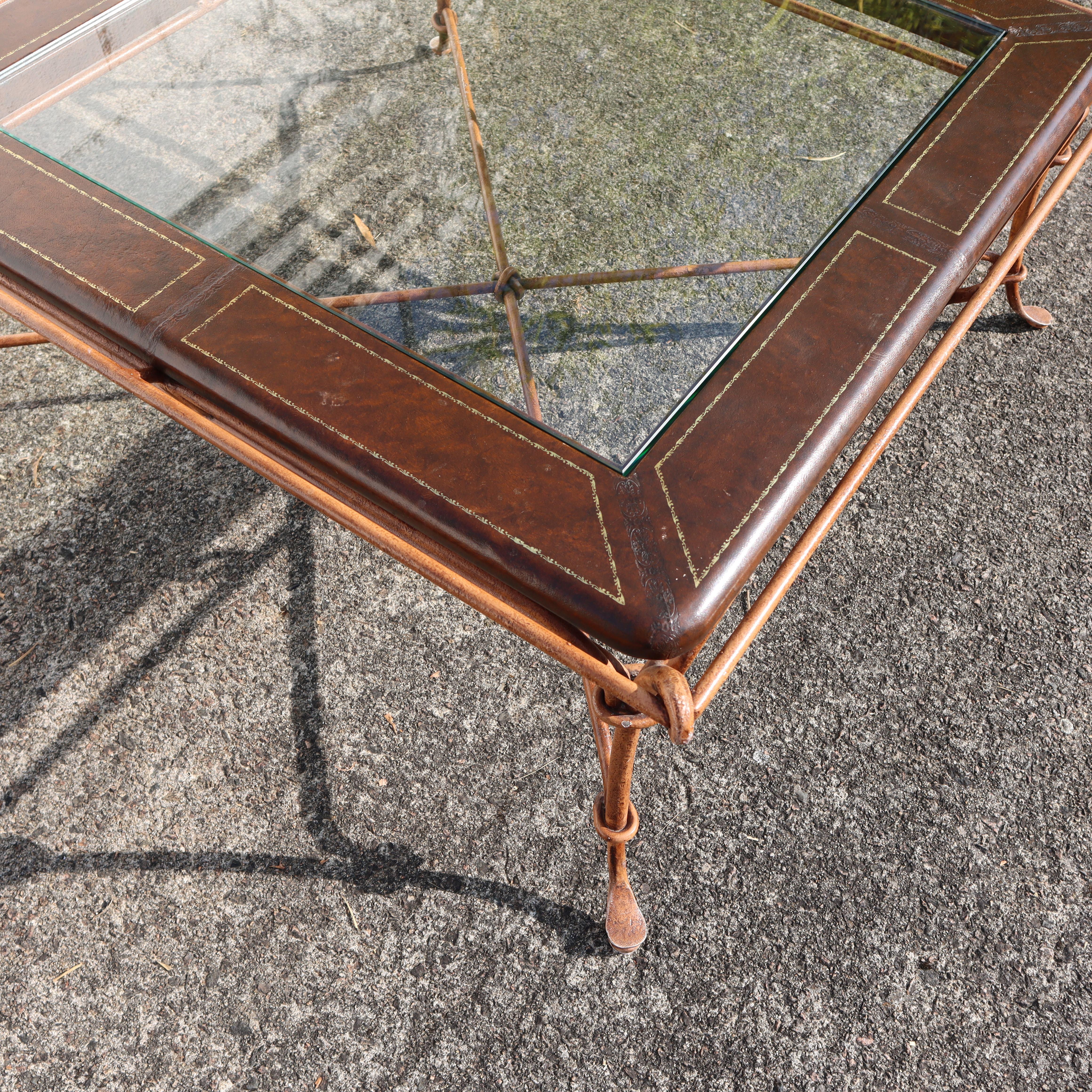 French Vintage square Leather, Iron and Glass Insert Coffee Table-Cocktail Table 9