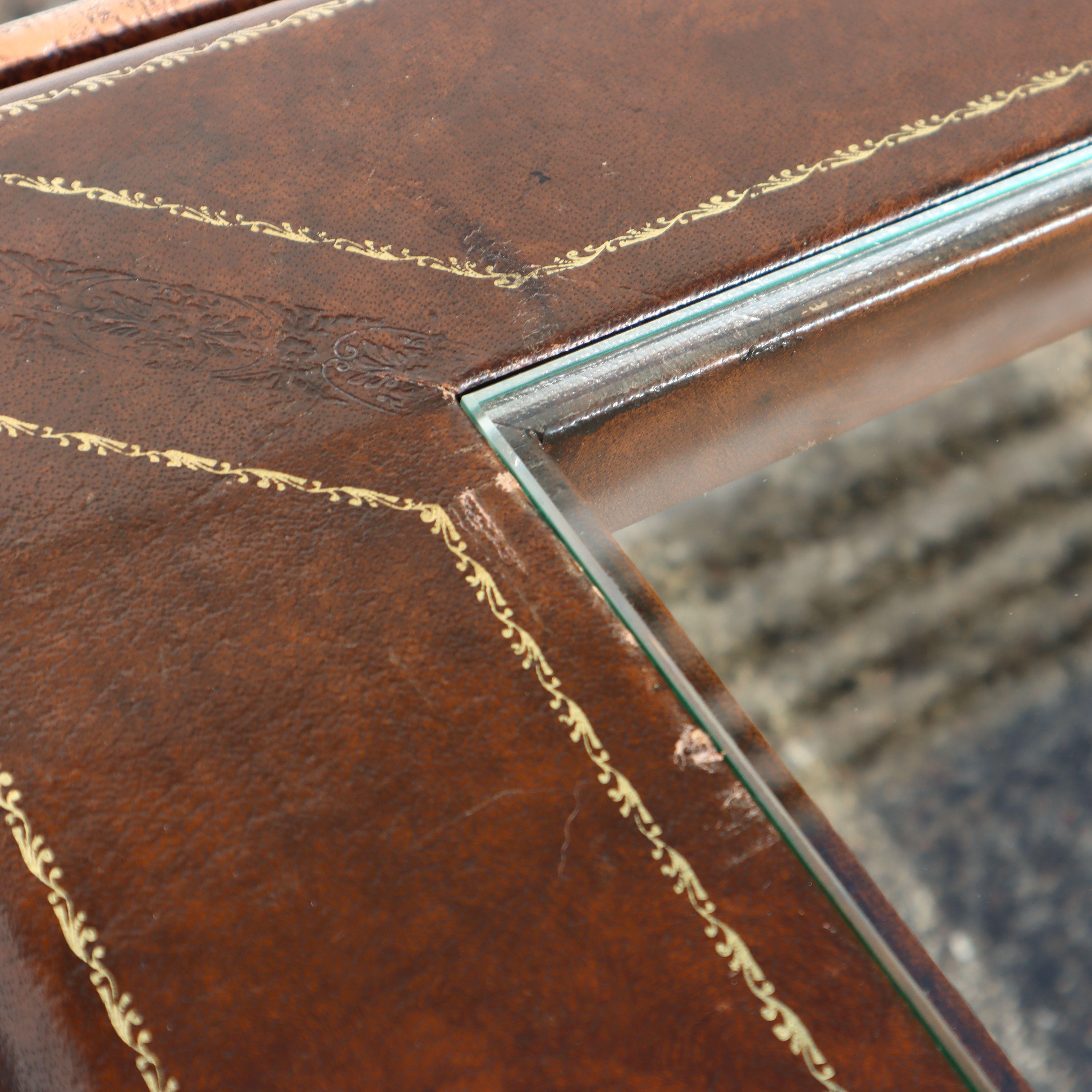 French Vintage square Leather, Iron and Glass Insert Coffee Table-Cocktail Table 11