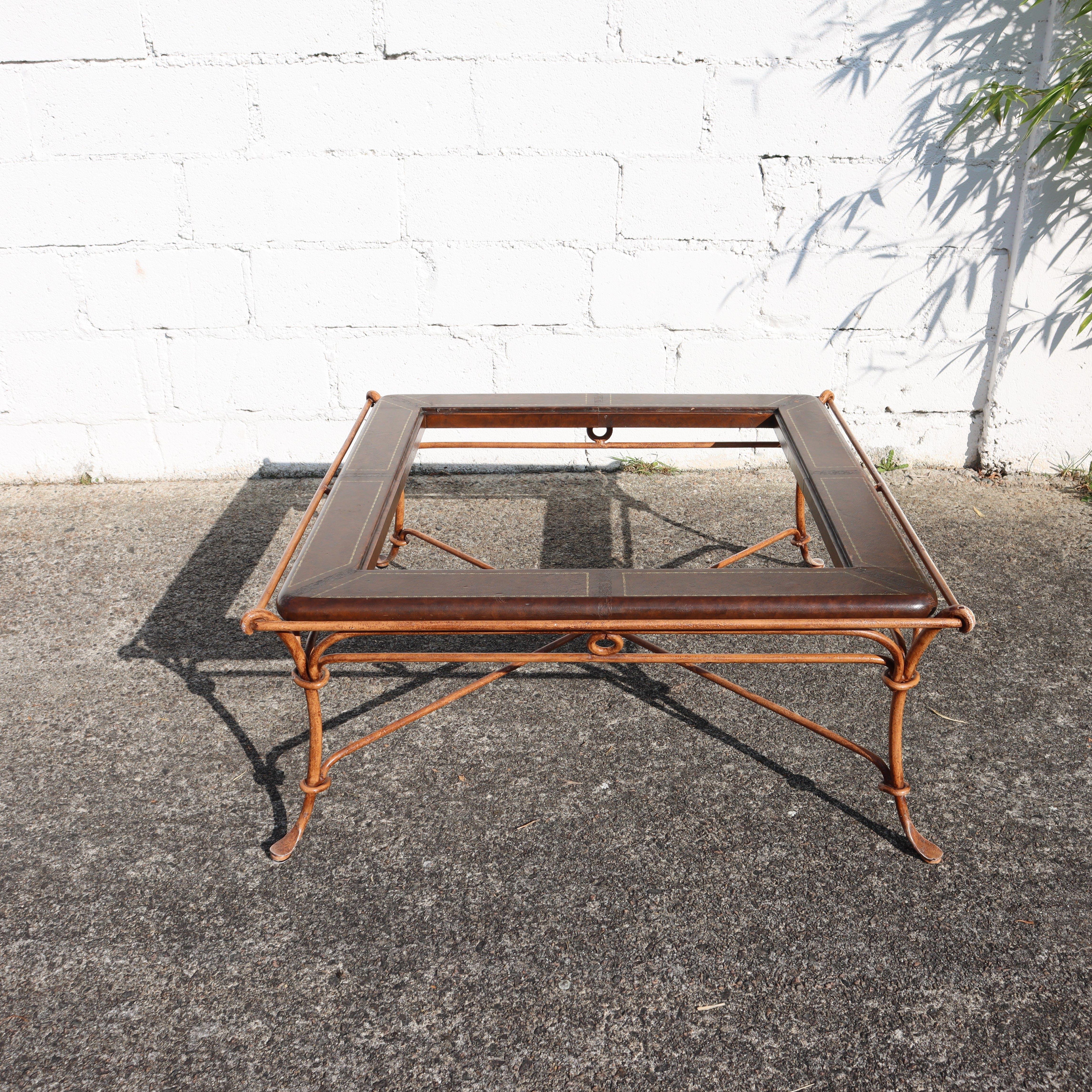 Regency Revival French Vintage square Leather, Iron and Glass Insert Coffee Table-Cocktail Table